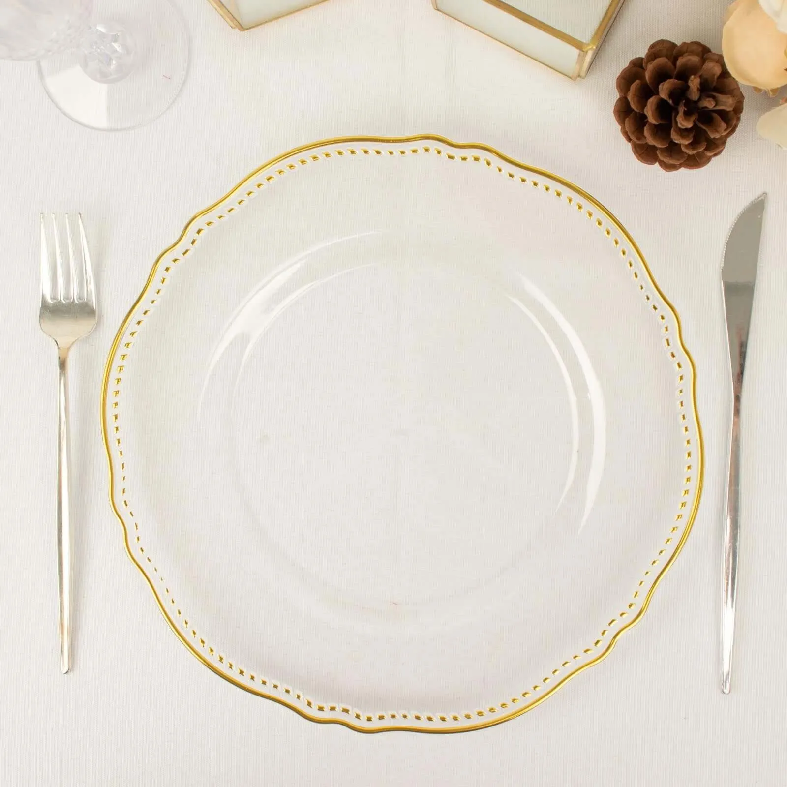 10 Pack 10" Clear Gold Scalloped Rim Disposable Dinner Plates, Large Plastic Party Plates