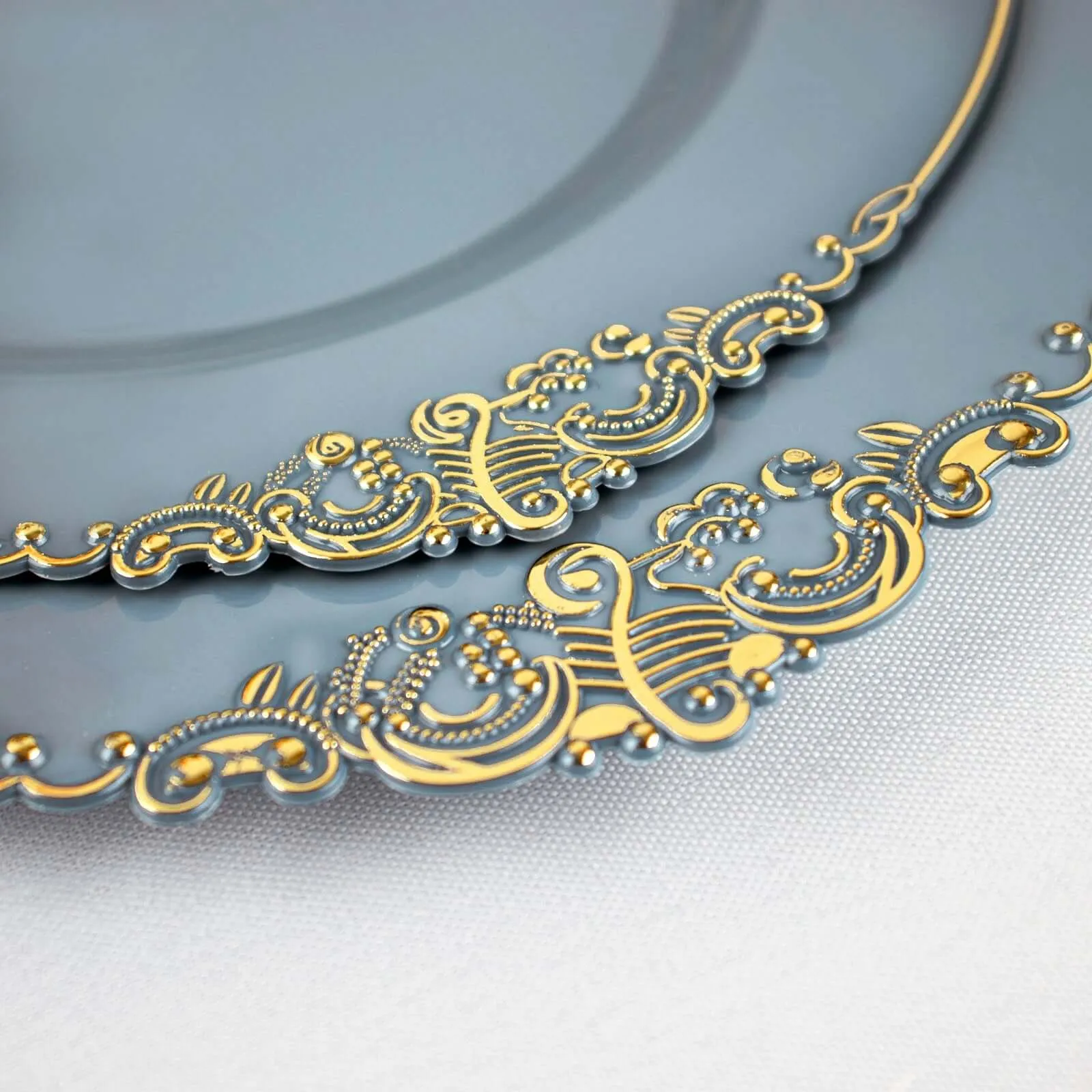 10 Pack 10" Dusty Blue Plastic Party Plates With Gold Leaf Embossed Baroque Rim, Round Disposable Dinner Plates