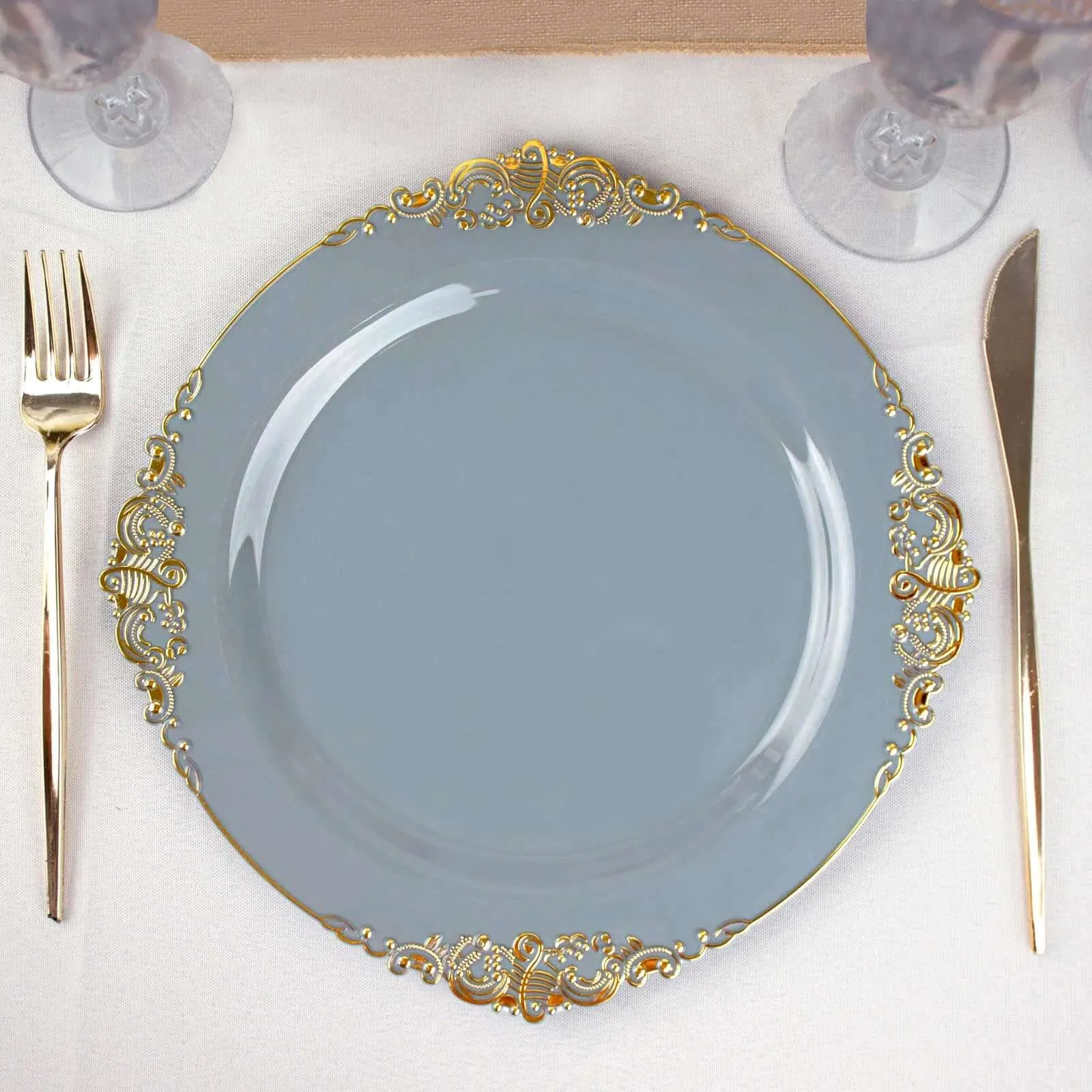 10 Pack 10" Dusty Blue Plastic Party Plates With Gold Leaf Embossed Baroque Rim, Round Disposable Dinner Plates