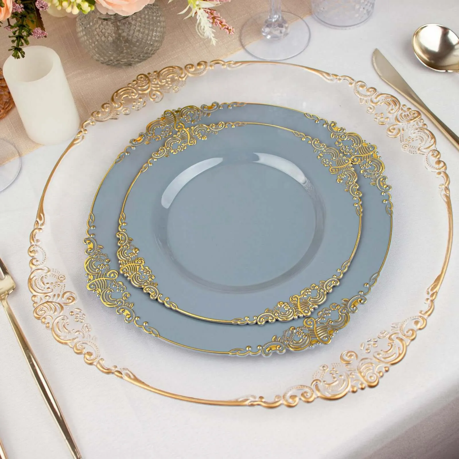 10 Pack 10" Dusty Blue Plastic Party Plates With Gold Leaf Embossed Baroque Rim, Round Disposable Dinner Plates