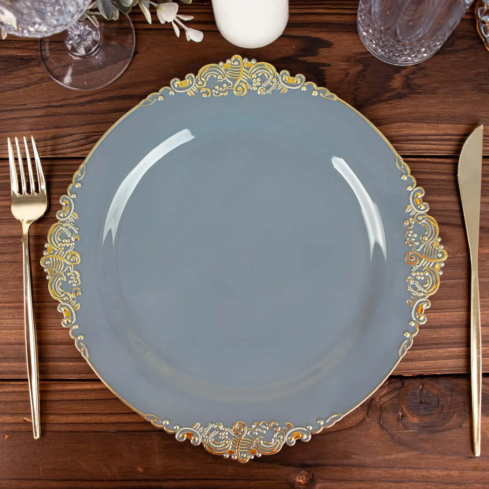 10 Pack 10" Dusty Blue Plastic Party Plates With Gold Leaf Embossed Baroque Rim, Round Disposable Dinner Plates