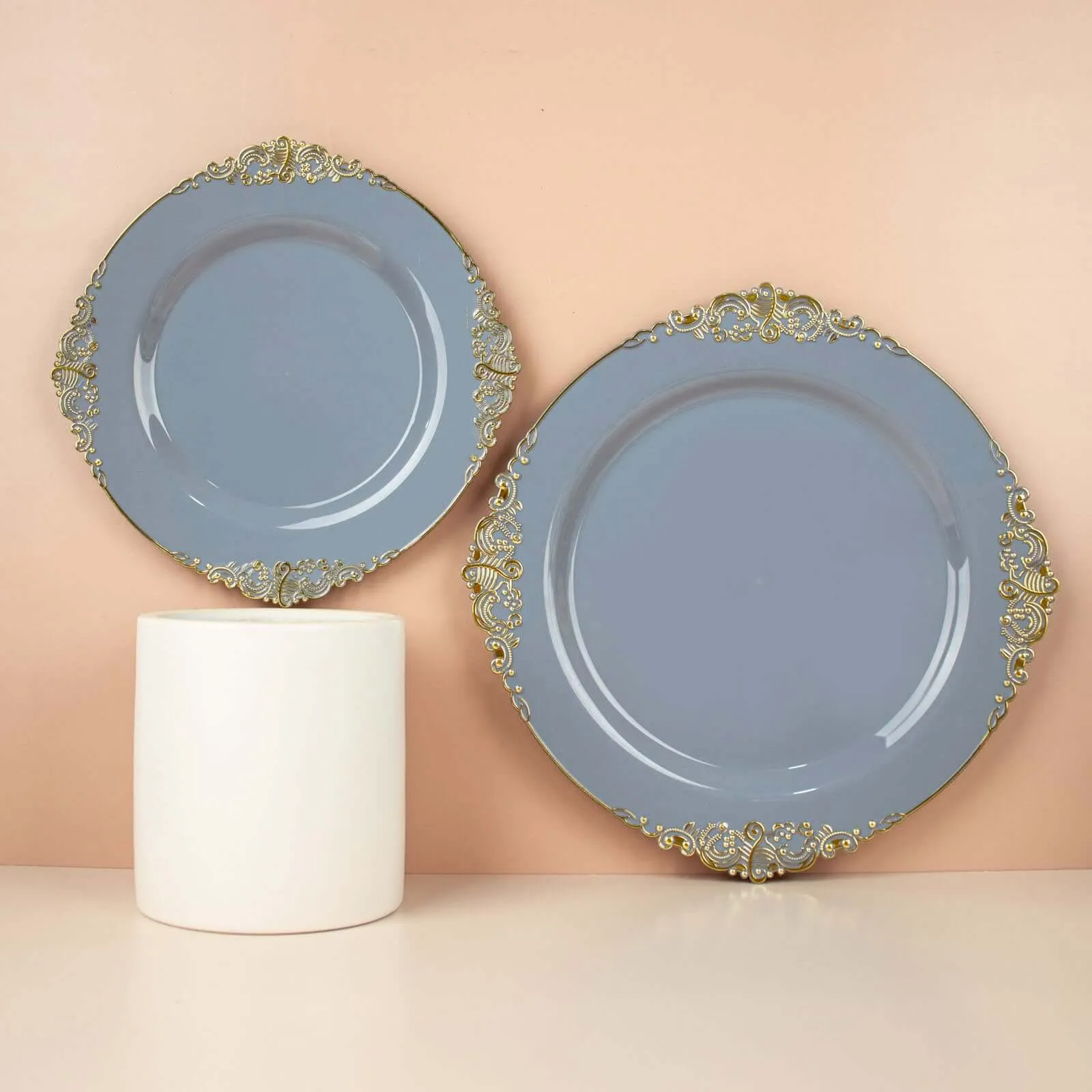 10 Pack 10" Dusty Blue Plastic Party Plates With Gold Leaf Embossed Baroque Rim, Round Disposable Dinner Plates