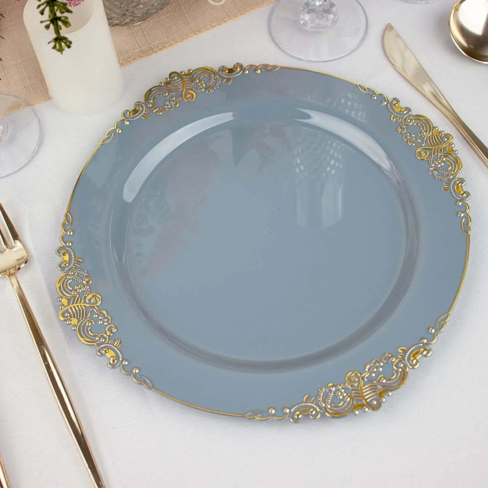 10 Pack 10" Dusty Blue Plastic Party Plates With Gold Leaf Embossed Baroque Rim, Round Disposable Dinner Plates