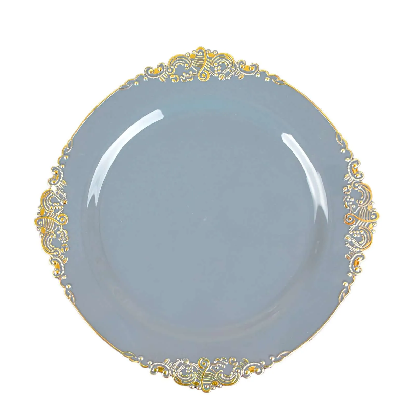 10 Pack 10" Dusty Blue Plastic Party Plates With Gold Leaf Embossed Baroque Rim, Round Disposable Dinner Plates