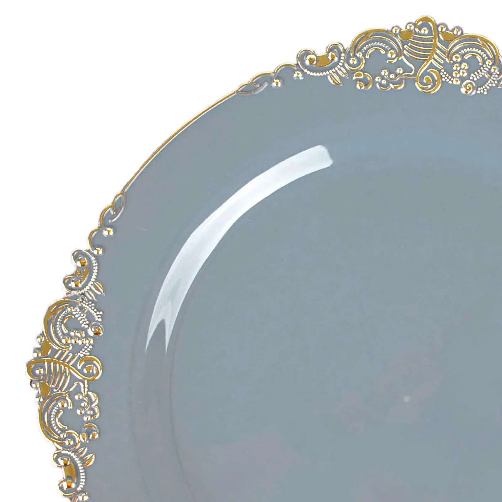 10 Pack 10" Dusty Blue Plastic Party Plates With Gold Leaf Embossed Baroque Rim, Round Disposable Dinner Plates