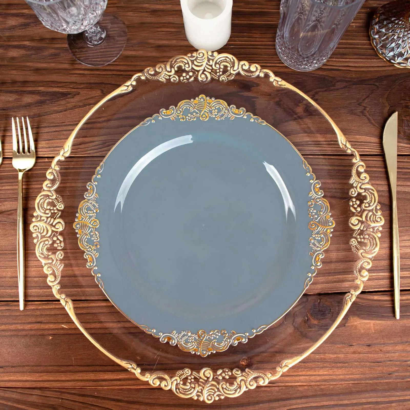 10 Pack 10" Dusty Blue Plastic Party Plates With Gold Leaf Embossed Baroque Rim, Round Disposable Dinner Plates