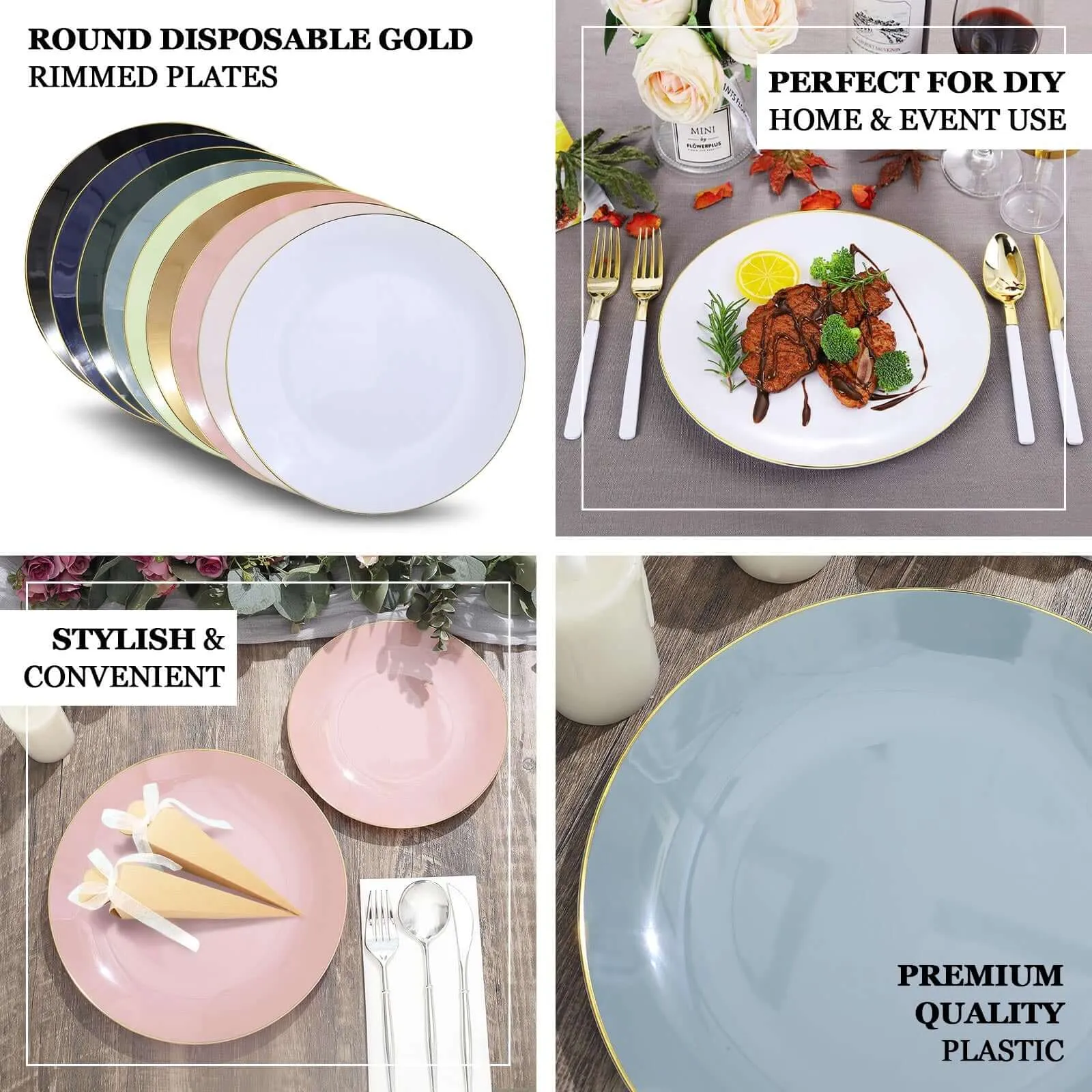 10 Pack 10" Glossy Dusty Rose Round Disposable Dinner Plates With Gold Rim, Plastic Party Plates