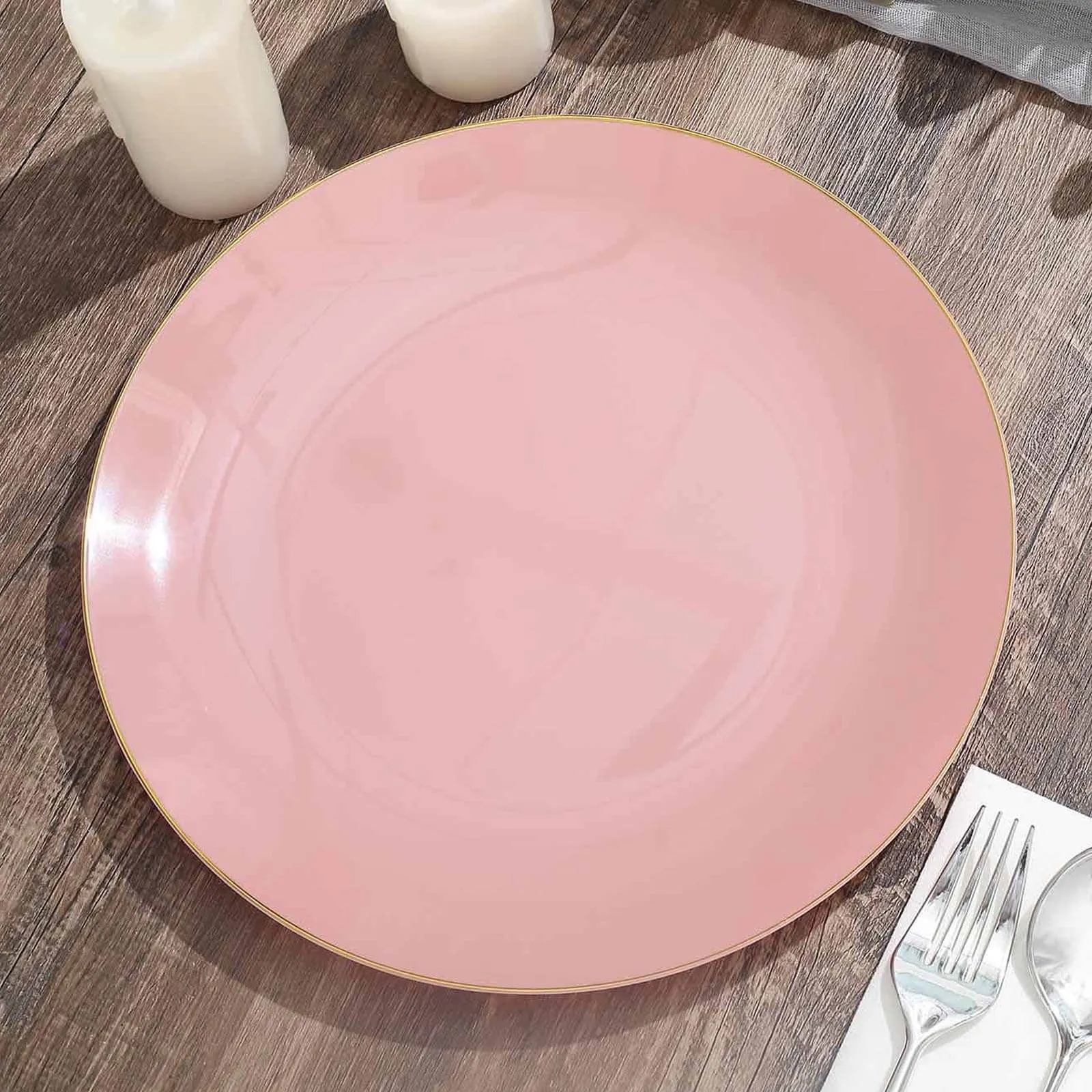 10 Pack 10" Glossy Dusty Rose Round Disposable Dinner Plates With Gold Rim, Plastic Party Plates