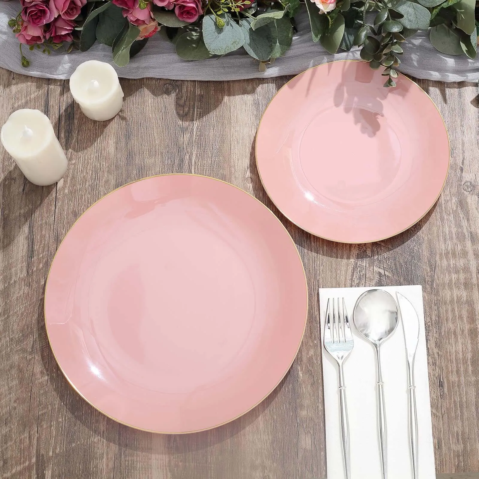 10 Pack 10" Glossy Dusty Rose Round Disposable Dinner Plates With Gold Rim, Plastic Party Plates