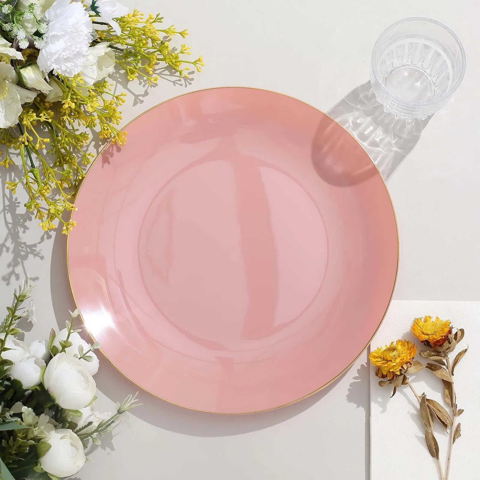 10 Pack 10" Glossy Dusty Rose Round Disposable Dinner Plates With Gold Rim, Plastic Party Plates