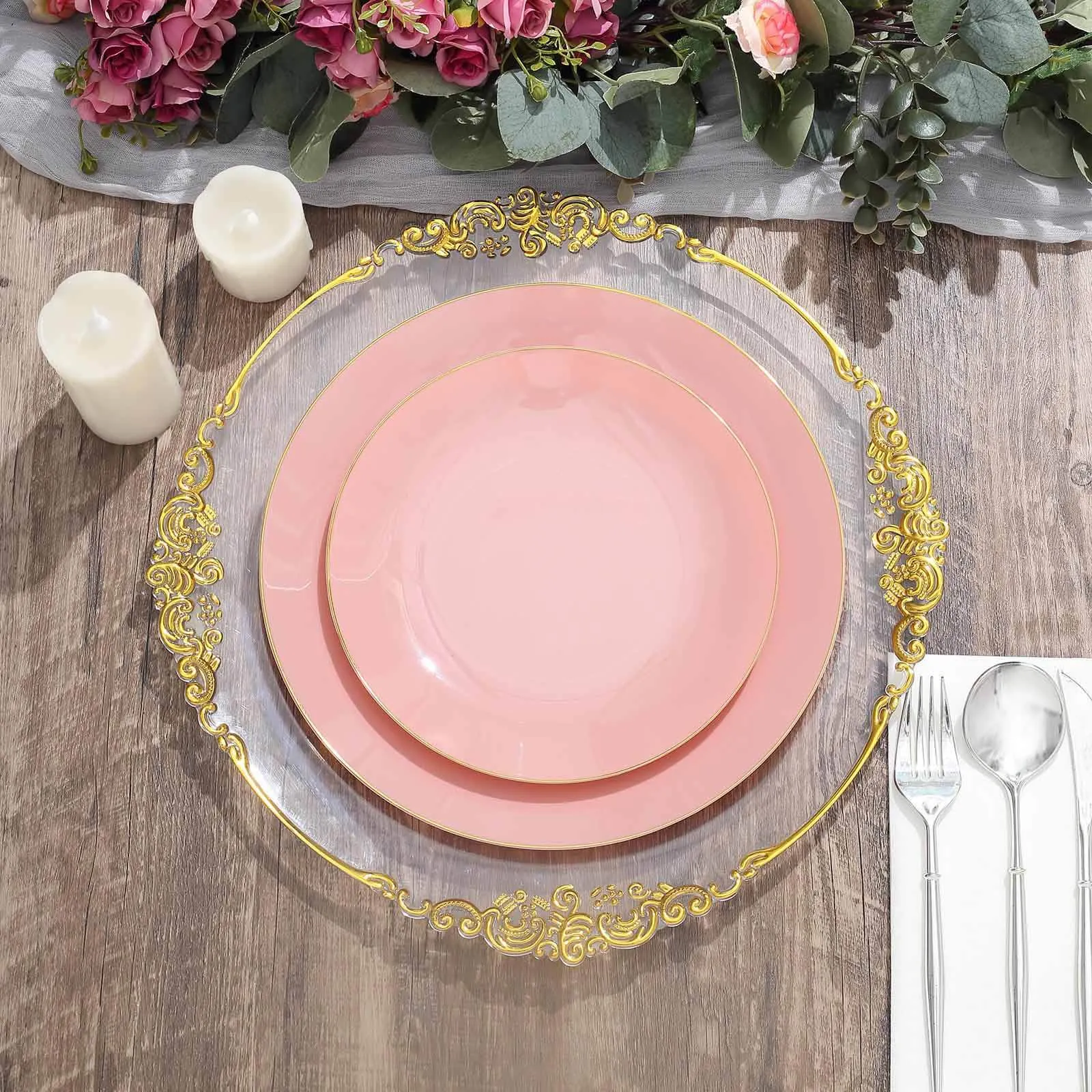 10 Pack 10" Glossy Dusty Rose Round Disposable Dinner Plates With Gold Rim, Plastic Party Plates