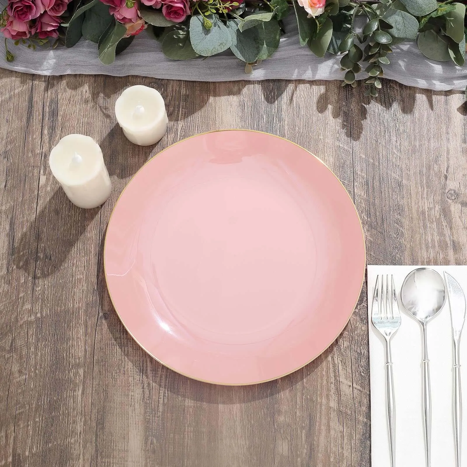 10 Pack 10" Glossy Dusty Rose Round Disposable Dinner Plates With Gold Rim, Plastic Party Plates