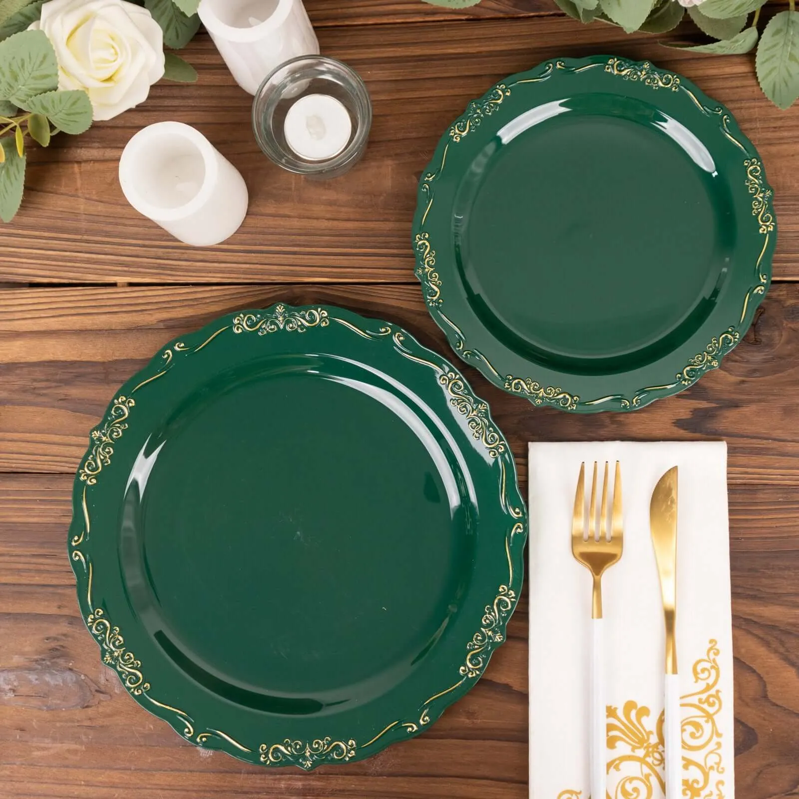 10 Pack 10" Hunter Emerald Green With Gold Vintage Rim Disposable Dinner Plates With Embossed Scalloped Edges, Plastic Party Plates