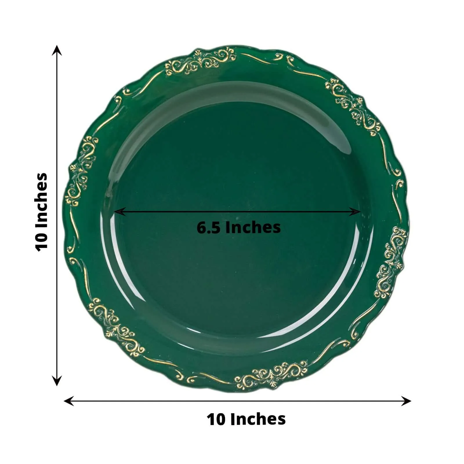 10 Pack 10" Hunter Emerald Green With Gold Vintage Rim Disposable Dinner Plates With Embossed Scalloped Edges, Plastic Party Plates