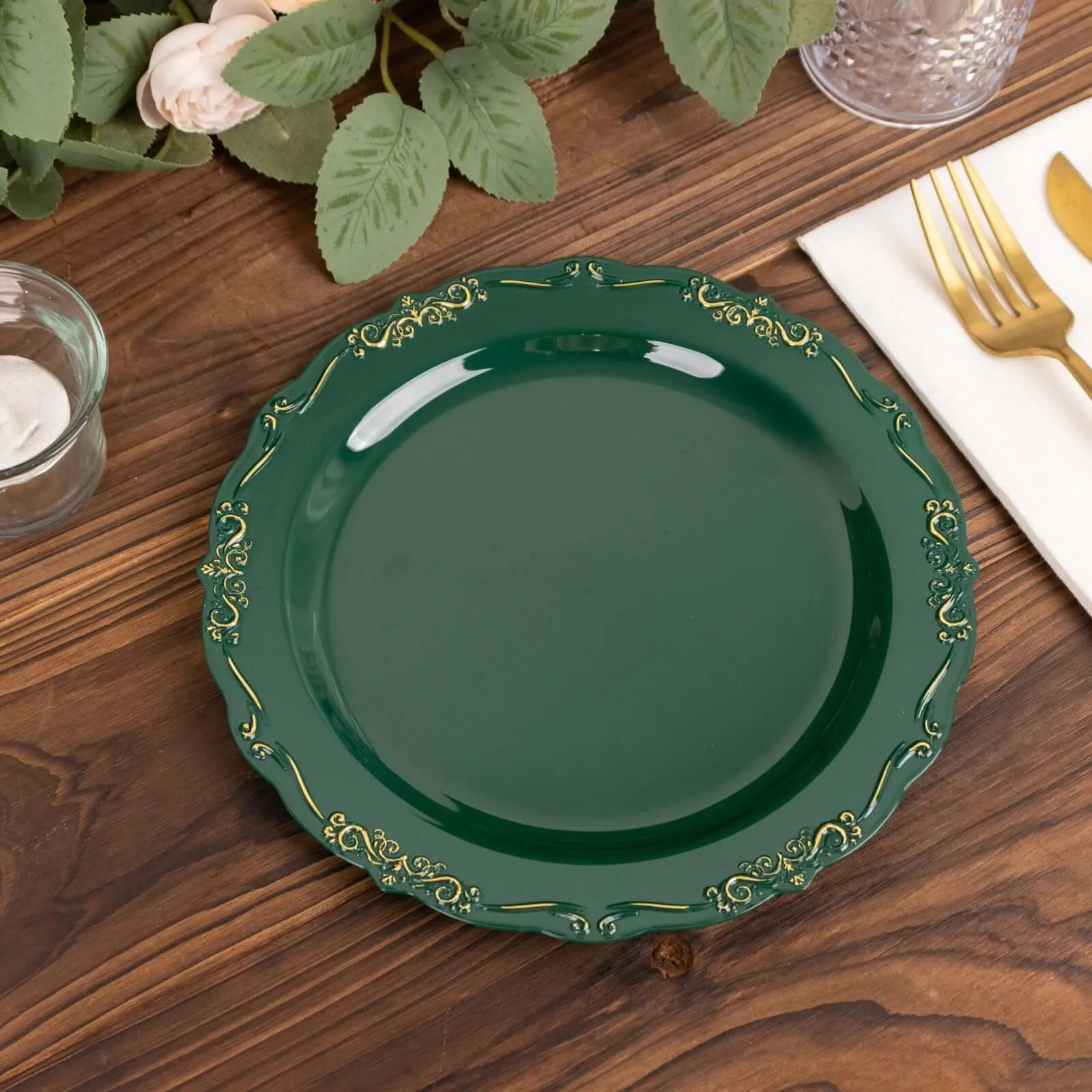 10 Pack 10" Hunter Emerald Green With Gold Vintage Rim Disposable Dinner Plates With Embossed Scalloped Edges, Plastic Party Plates