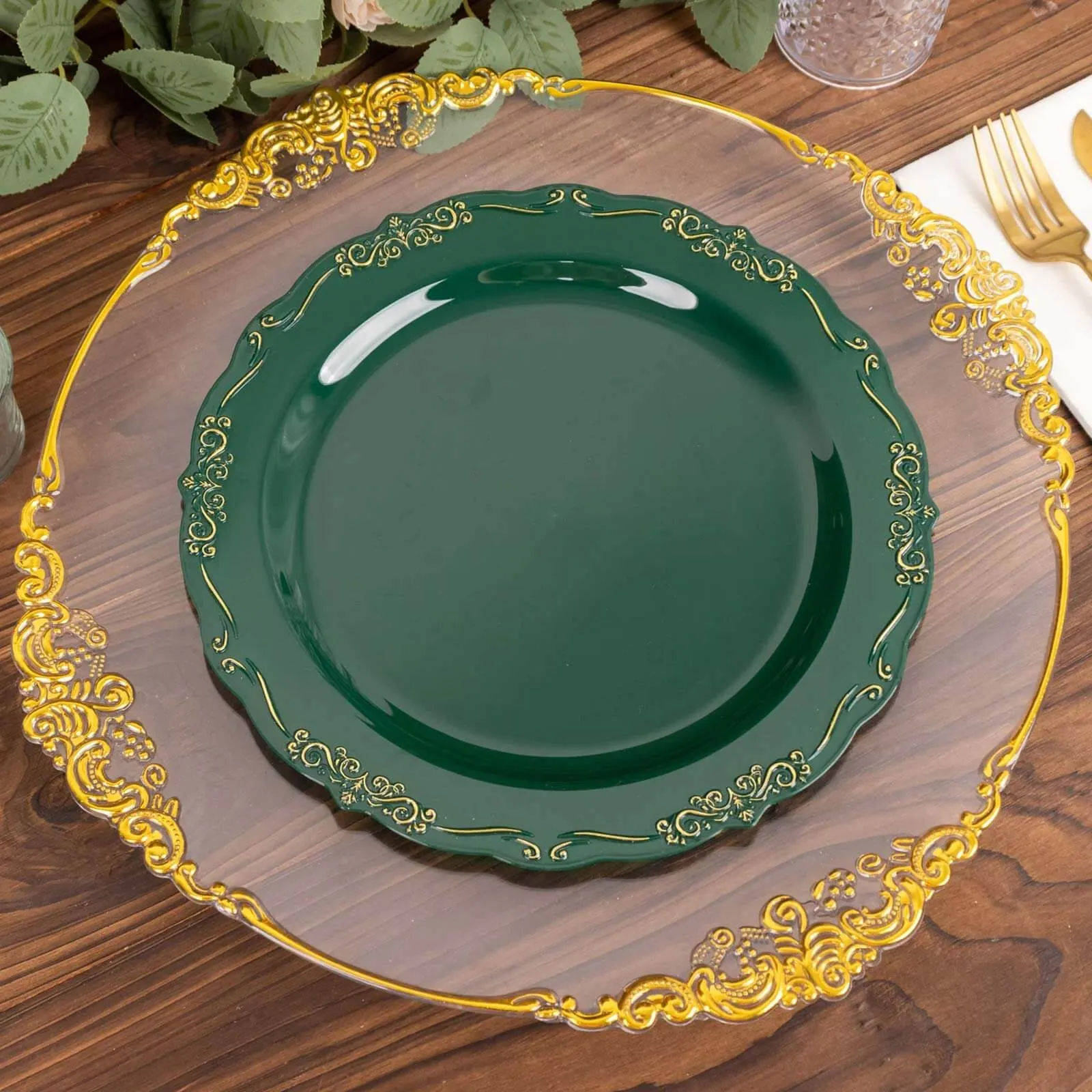 10 Pack 10" Hunter Emerald Green With Gold Vintage Rim Disposable Dinner Plates With Embossed Scalloped Edges, Plastic Party Plates