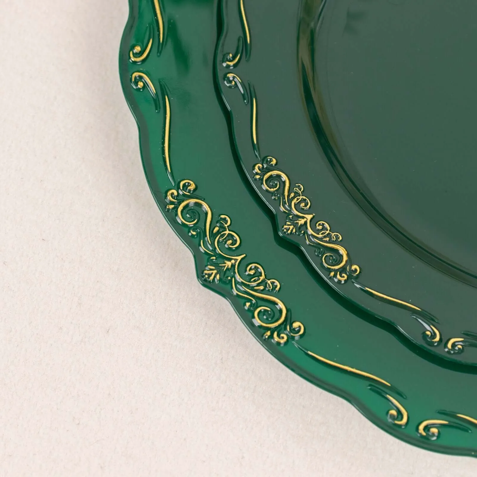 10 Pack 10" Hunter Emerald Green With Gold Vintage Rim Disposable Dinner Plates With Embossed Scalloped Edges, Plastic Party Plates