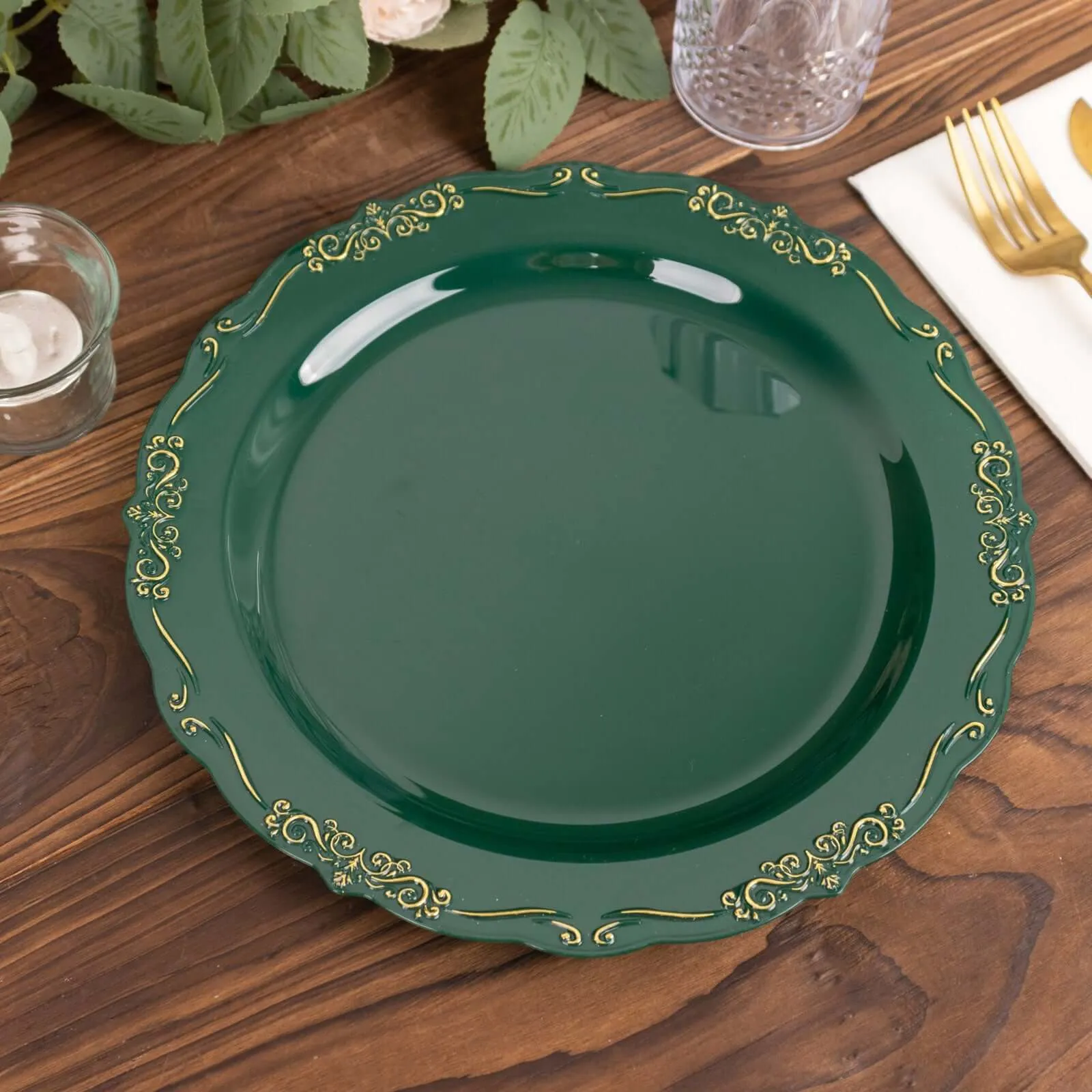 10 Pack 10" Hunter Emerald Green With Gold Vintage Rim Disposable Dinner Plates With Embossed Scalloped Edges, Plastic Party Plates