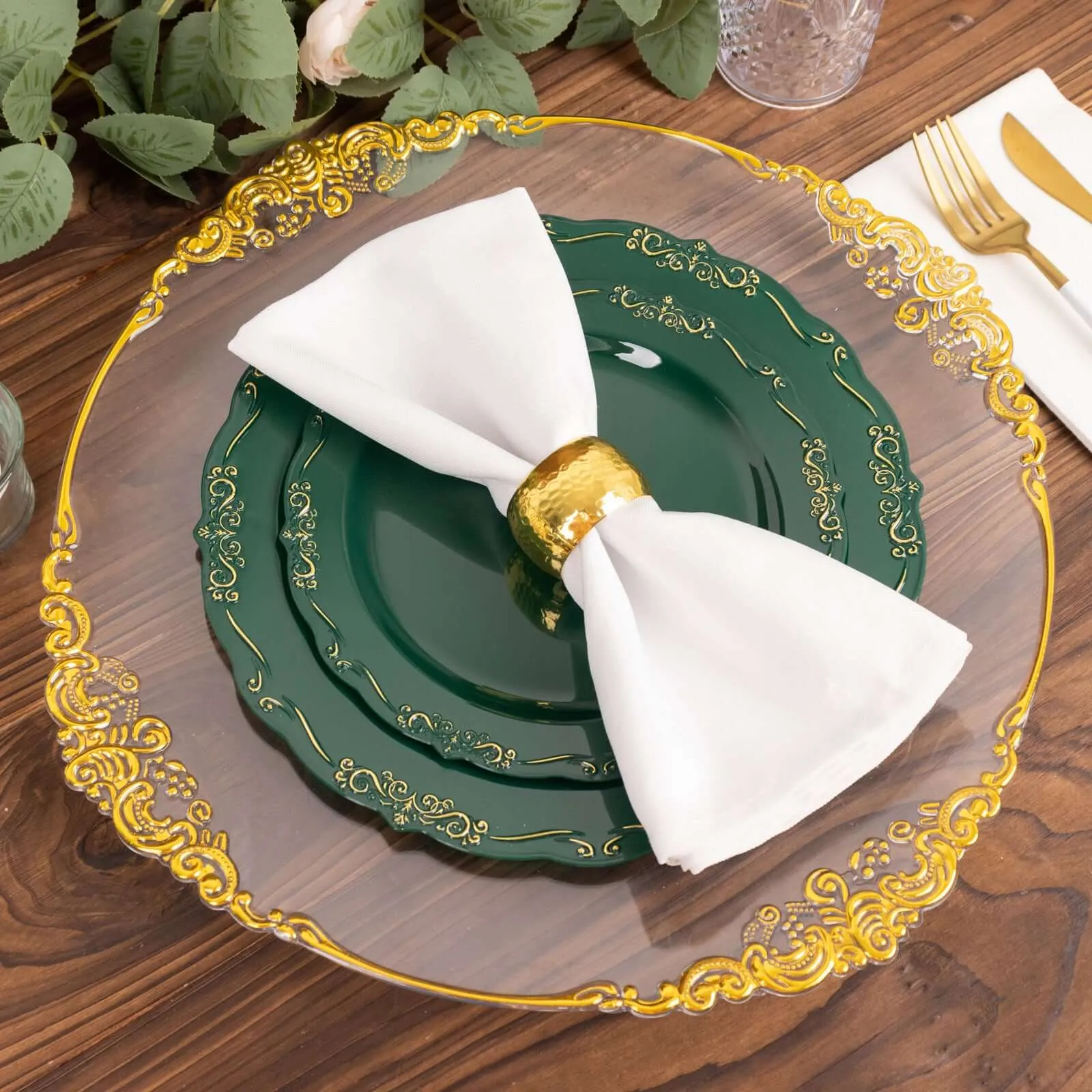 10 Pack 10" Hunter Emerald Green With Gold Vintage Rim Disposable Dinner Plates With Embossed Scalloped Edges, Plastic Party Plates