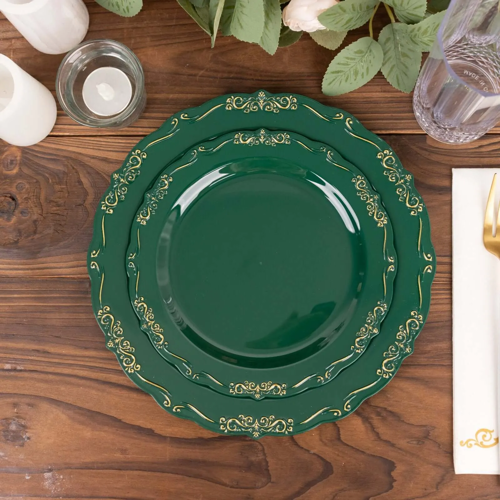 10 Pack 10" Hunter Emerald Green With Gold Vintage Rim Disposable Dinner Plates With Embossed Scalloped Edges, Plastic Party Plates