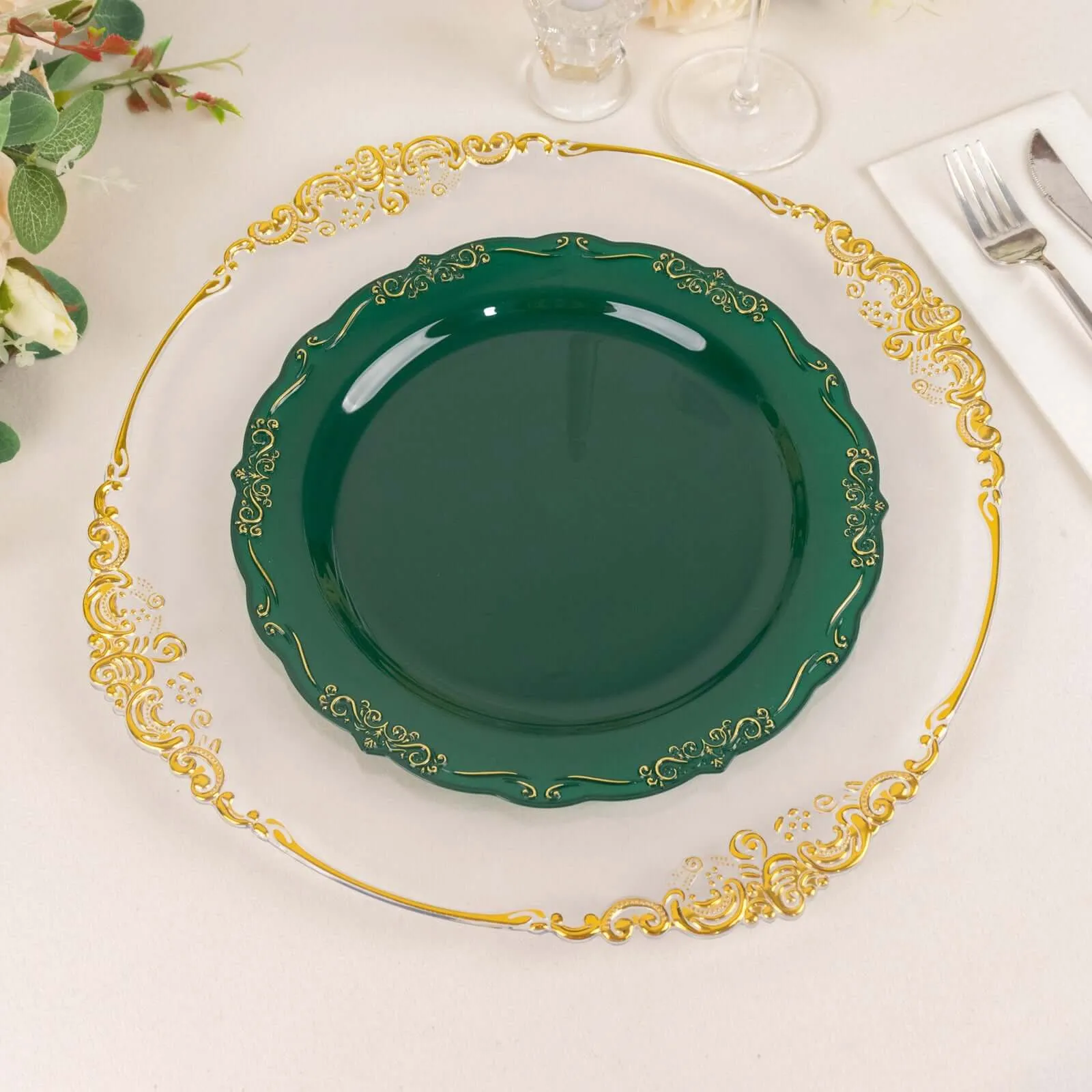 10 Pack 10" Hunter Emerald Green With Gold Vintage Rim Disposable Dinner Plates With Embossed Scalloped Edges, Plastic Party Plates