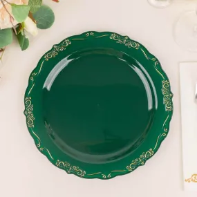 10 Pack 10" Hunter Emerald Green With Gold Vintage Rim Disposable Dinner Plates With Embossed Scalloped Edges, Plastic Party Plates