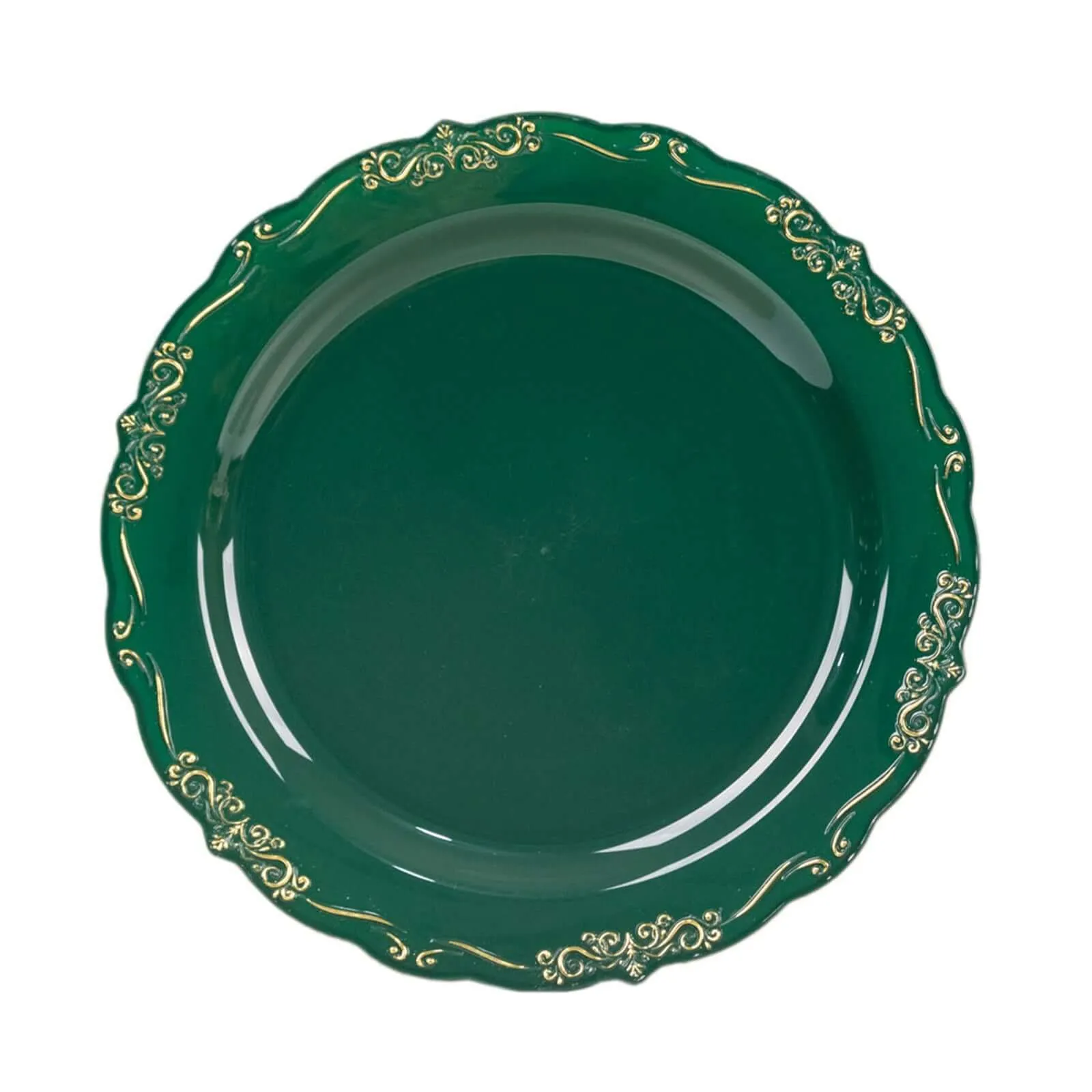 10 Pack 10" Hunter Emerald Green With Gold Vintage Rim Disposable Dinner Plates With Embossed Scalloped Edges, Plastic Party Plates