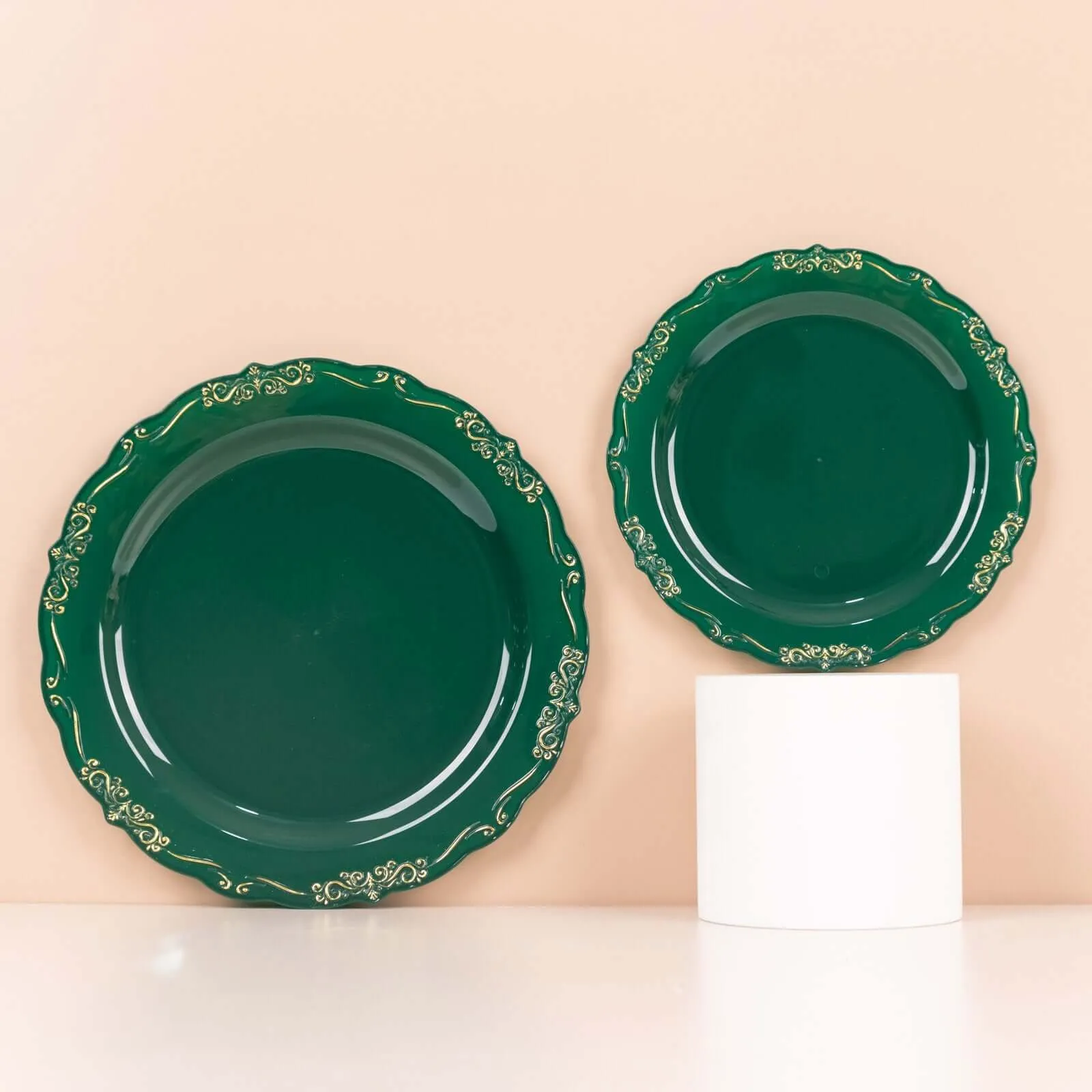 10 Pack 10" Hunter Emerald Green With Gold Vintage Rim Disposable Dinner Plates With Embossed Scalloped Edges, Plastic Party Plates