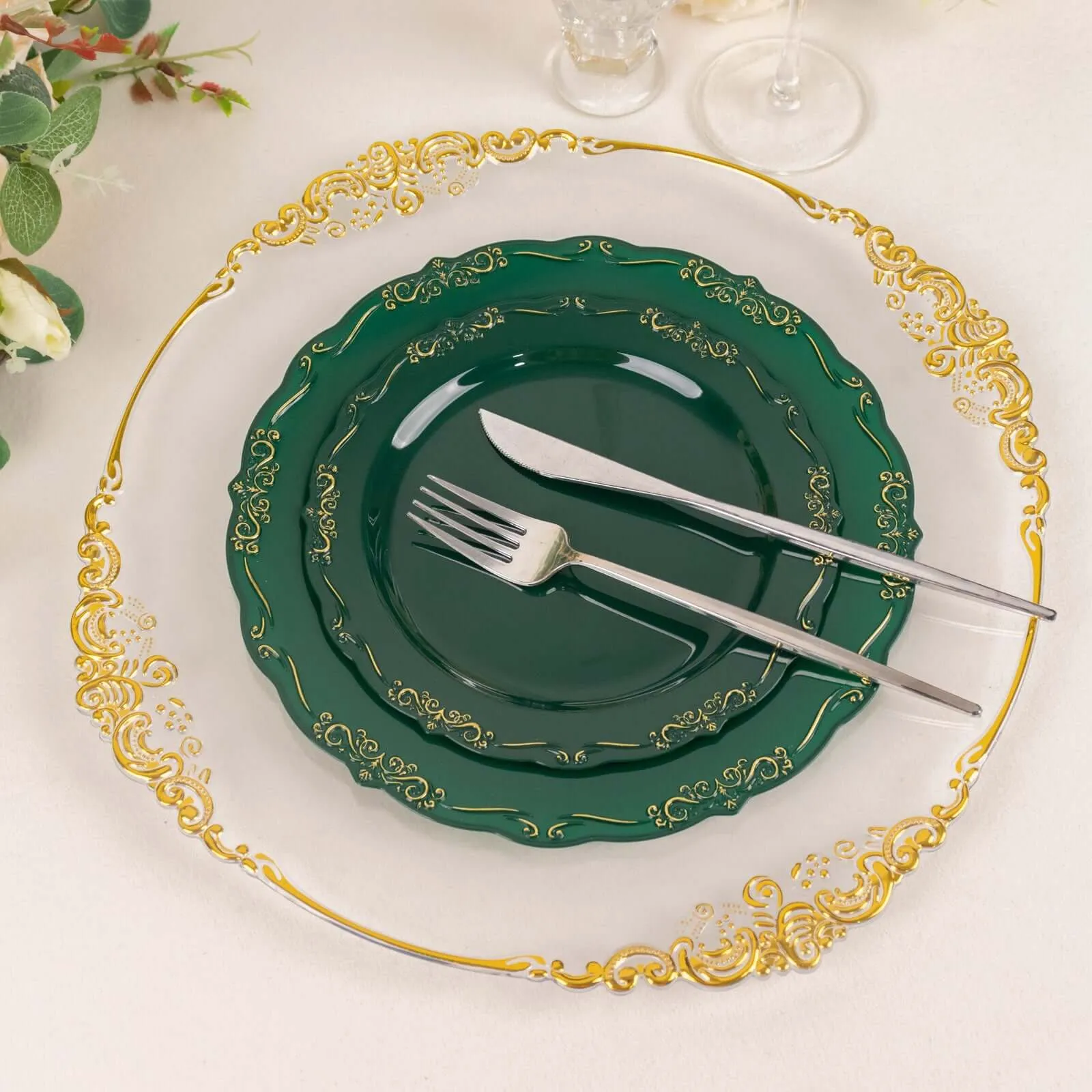 10 Pack 10" Hunter Emerald Green With Gold Vintage Rim Disposable Dinner Plates With Embossed Scalloped Edges, Plastic Party Plates