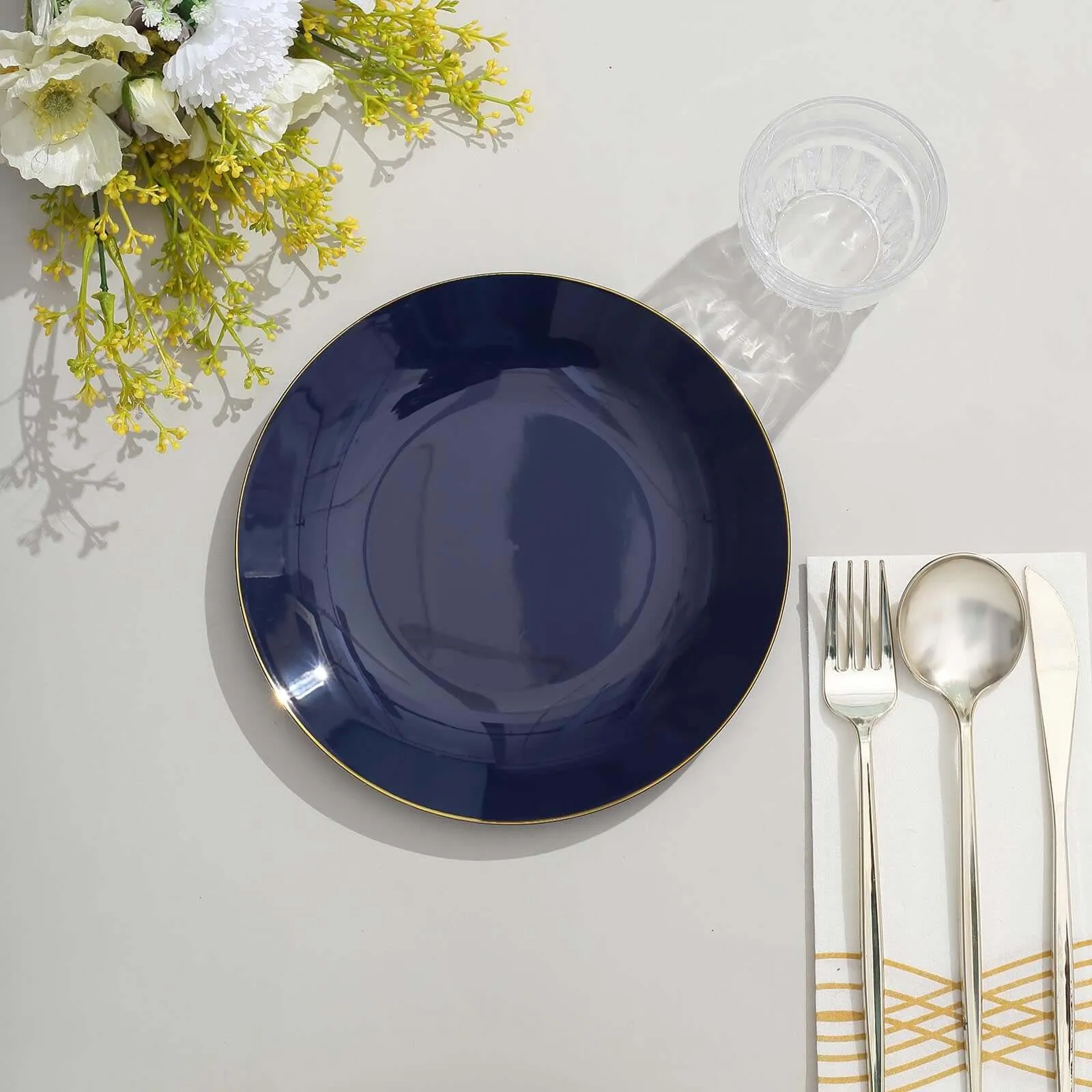 10 Pack 8" Glossy Navy Blue Round Plastic Salad Plates With Gold Rim, Disposable Appetizer Dessert Party Plates