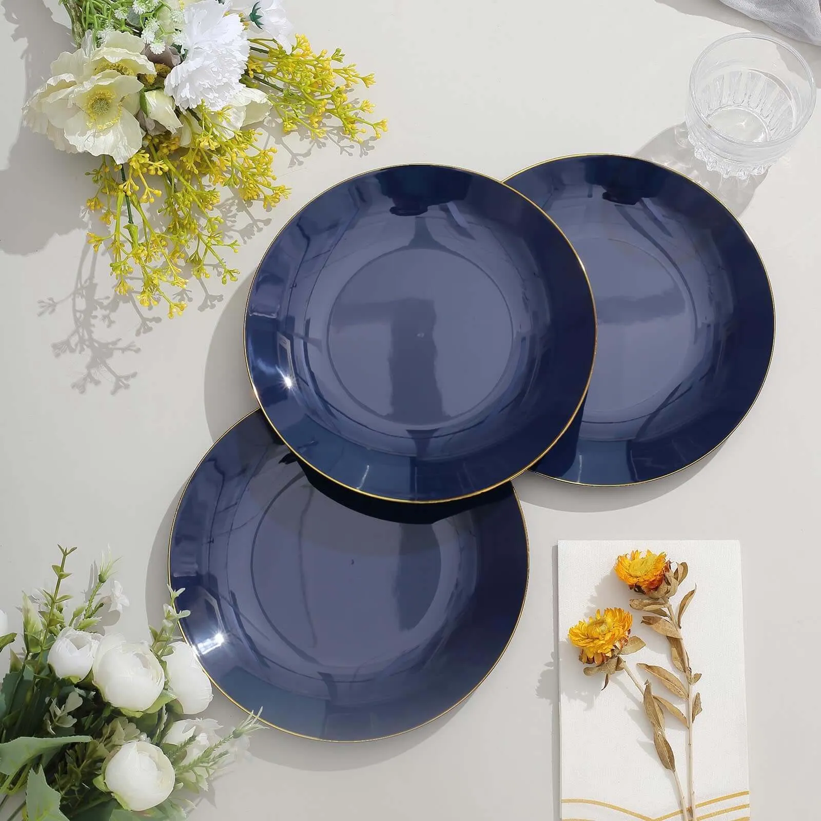 10 Pack 8" Glossy Navy Blue Round Plastic Salad Plates With Gold Rim, Disposable Appetizer Dessert Party Plates