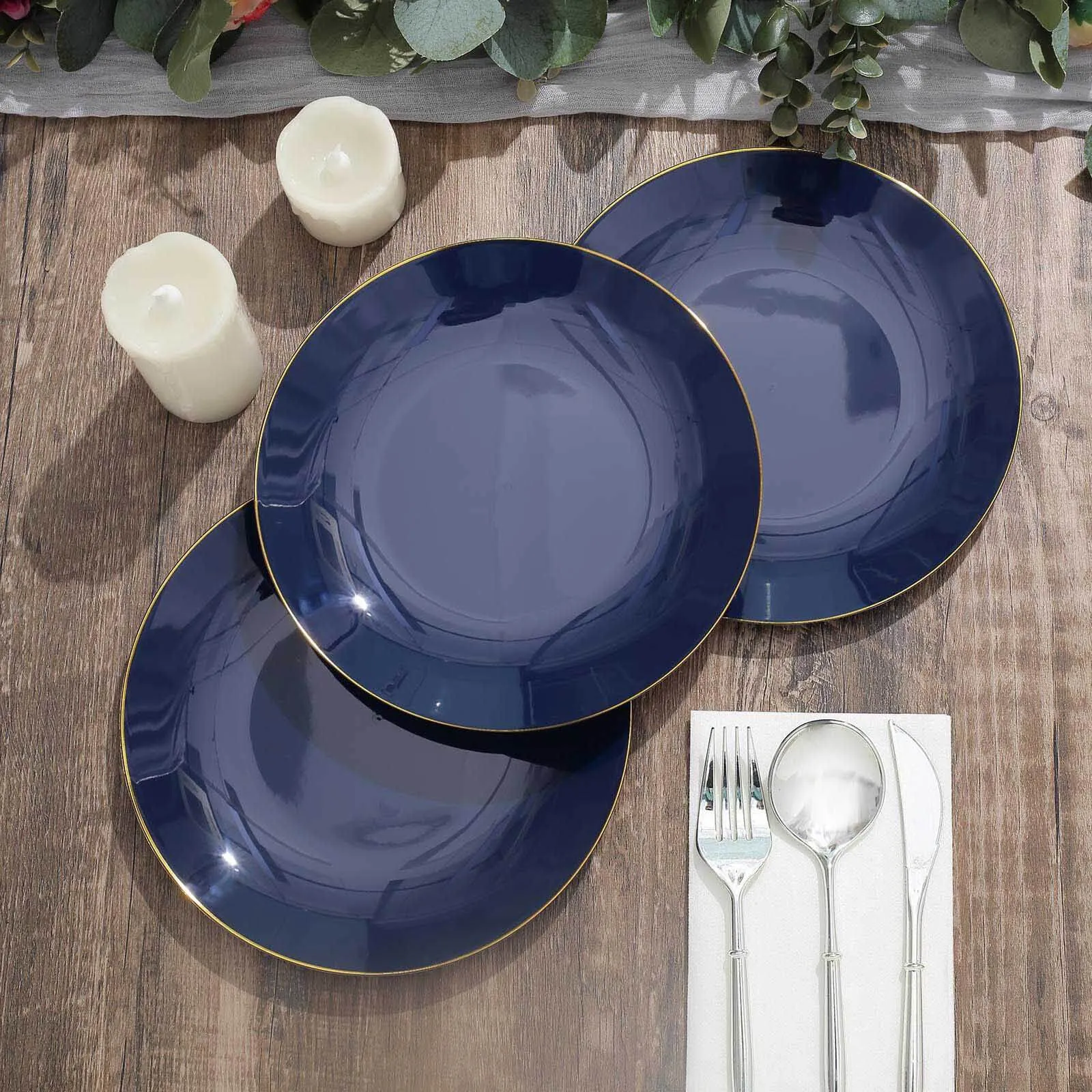 10 Pack 8" Glossy Navy Blue Round Plastic Salad Plates With Gold Rim, Disposable Appetizer Dessert Party Plates