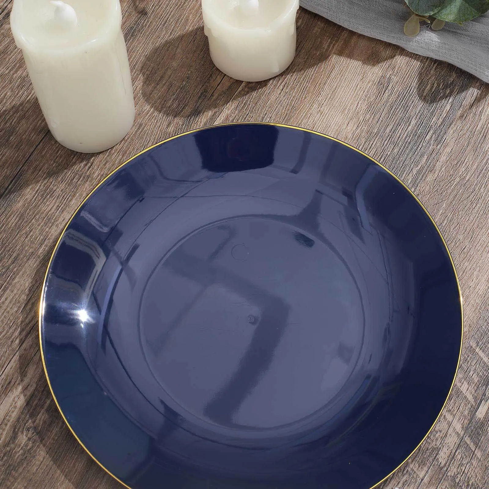 10 Pack 8" Glossy Navy Blue Round Plastic Salad Plates With Gold Rim, Disposable Appetizer Dessert Party Plates