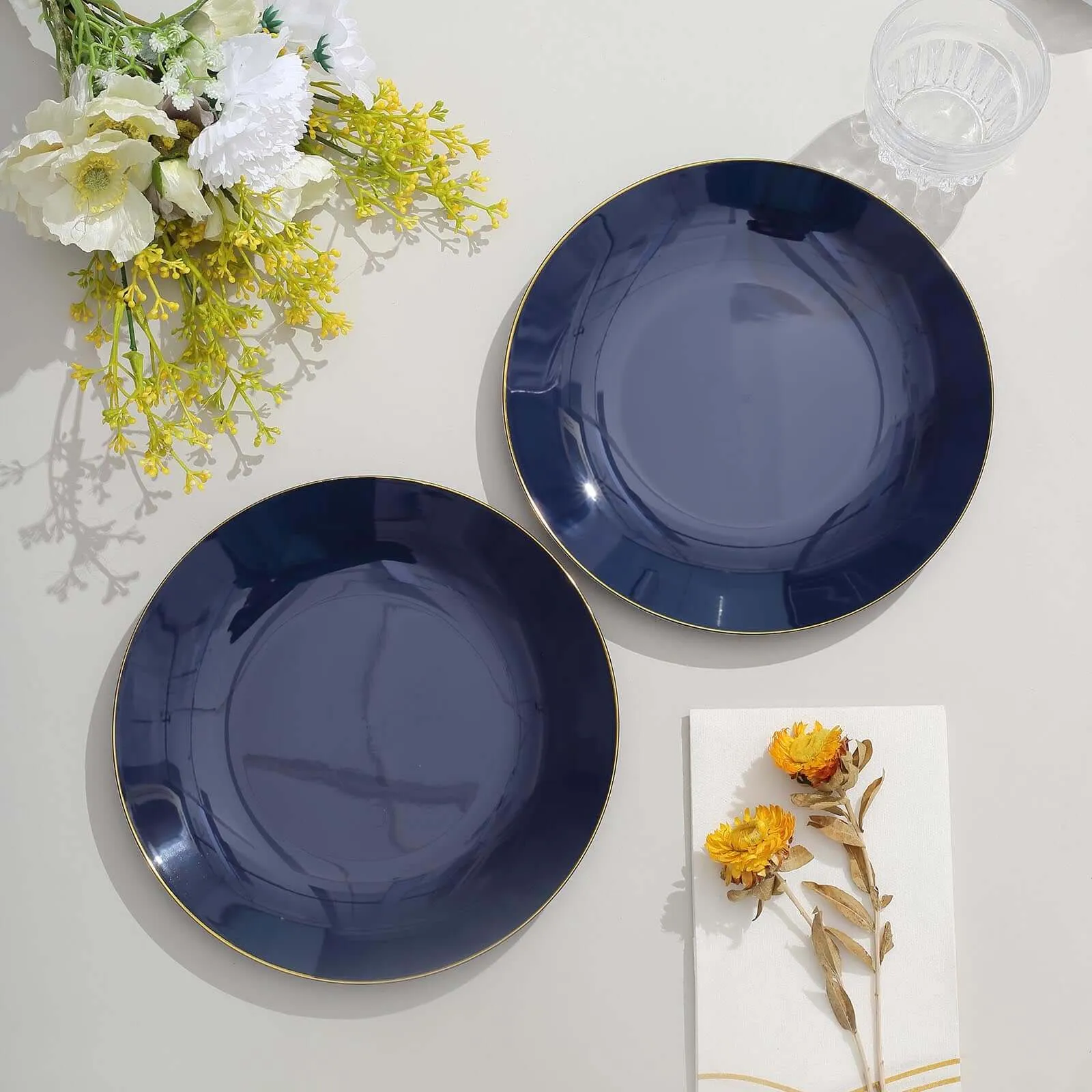 10 Pack 8" Glossy Navy Blue Round Plastic Salad Plates With Gold Rim, Disposable Appetizer Dessert Party Plates