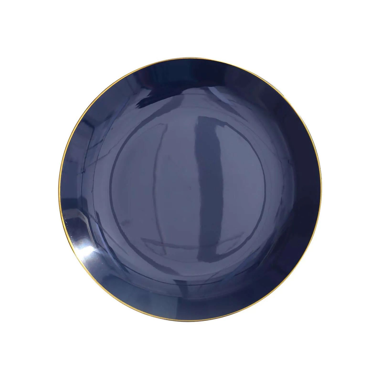 10 Pack 8" Glossy Navy Blue Round Plastic Salad Plates With Gold Rim, Disposable Appetizer Dessert Party Plates