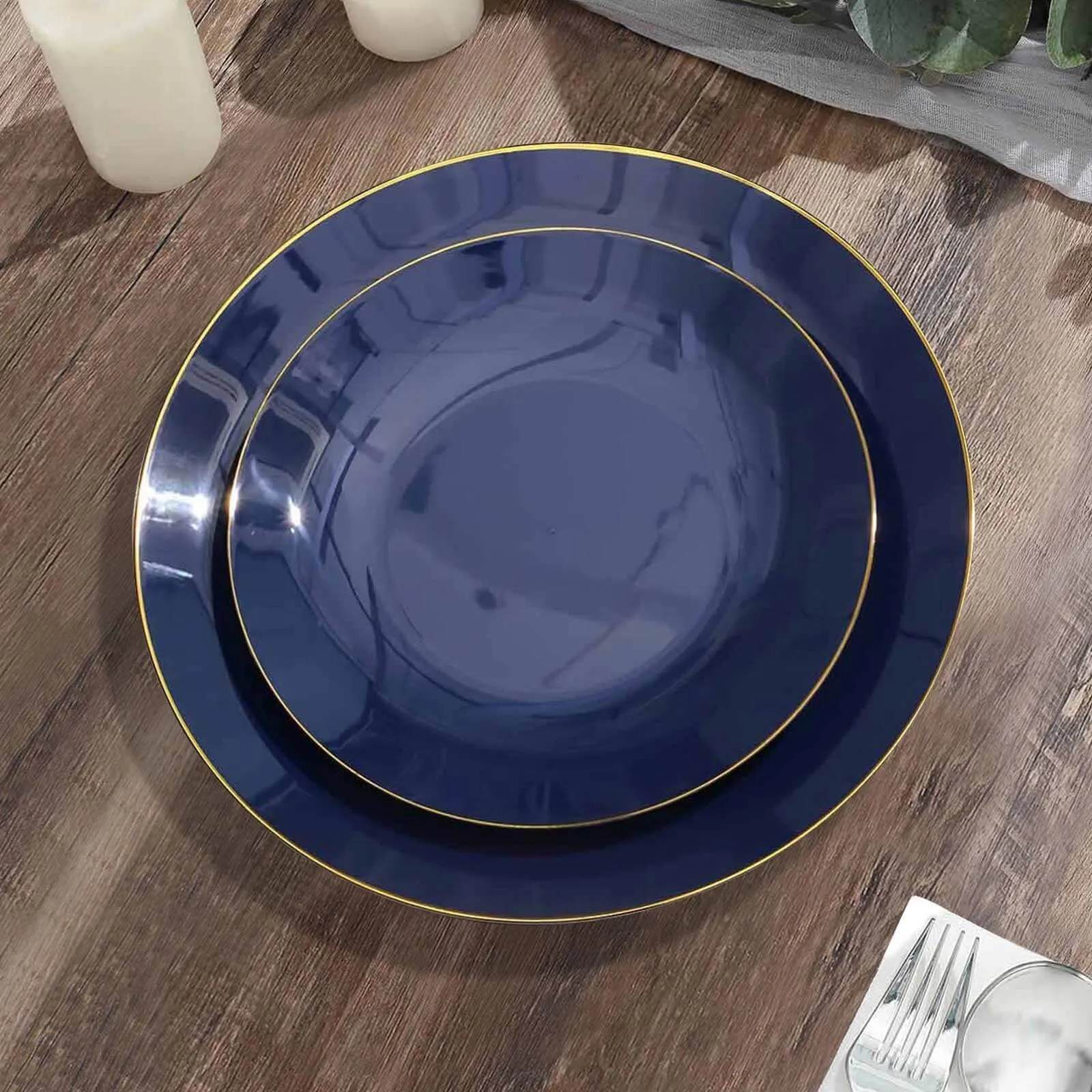 10 Pack 8" Glossy Navy Blue Round Plastic Salad Plates With Gold Rim, Disposable Appetizer Dessert Party Plates