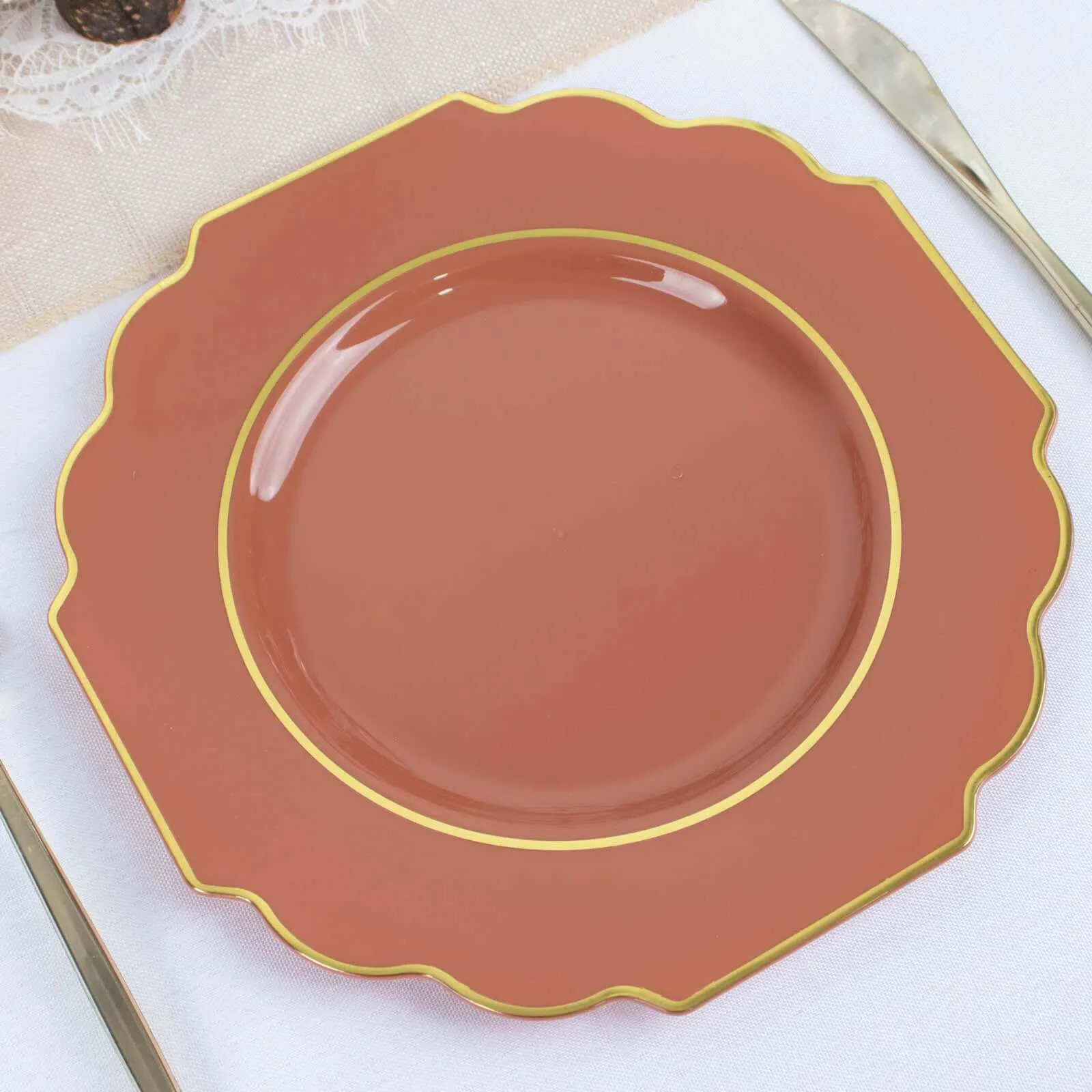 10 Pack 8" Terracotta (Rust) Hard Plastic Dessert Appetizer Plates, Disposable Tableware, Baroque Heavy Duty Salad Plates with Gold Rim