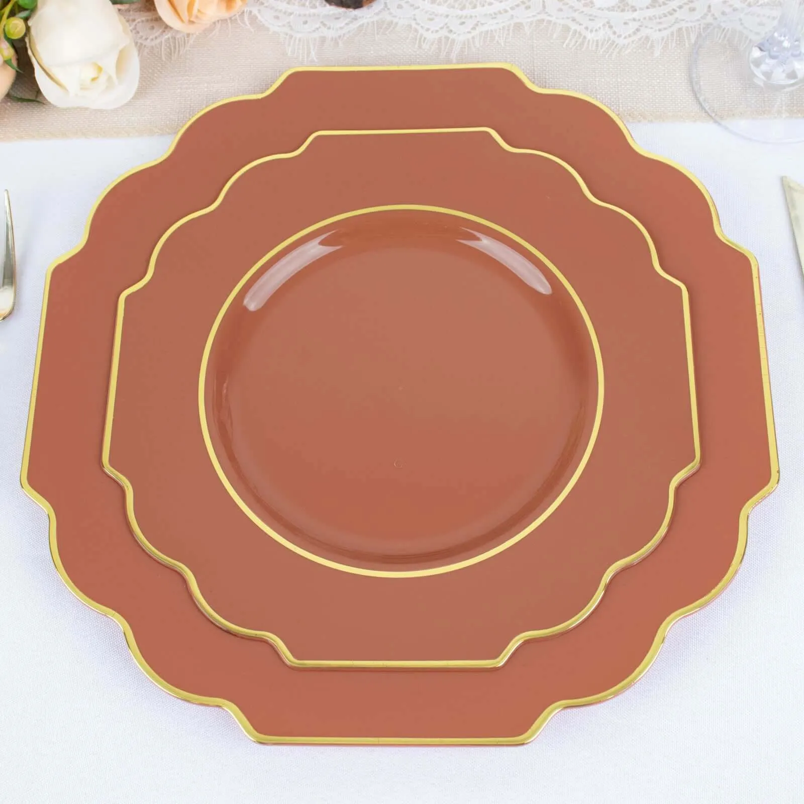 10 Pack 8" Terracotta (Rust) Hard Plastic Dessert Appetizer Plates, Disposable Tableware, Baroque Heavy Duty Salad Plates with Gold Rim