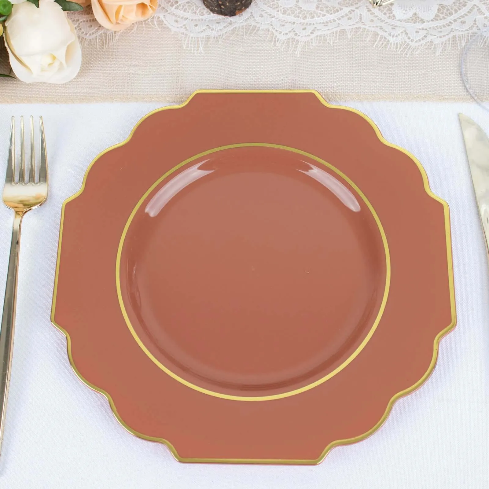 10 Pack 8" Terracotta (Rust) Hard Plastic Dessert Appetizer Plates, Disposable Tableware, Baroque Heavy Duty Salad Plates with Gold Rim