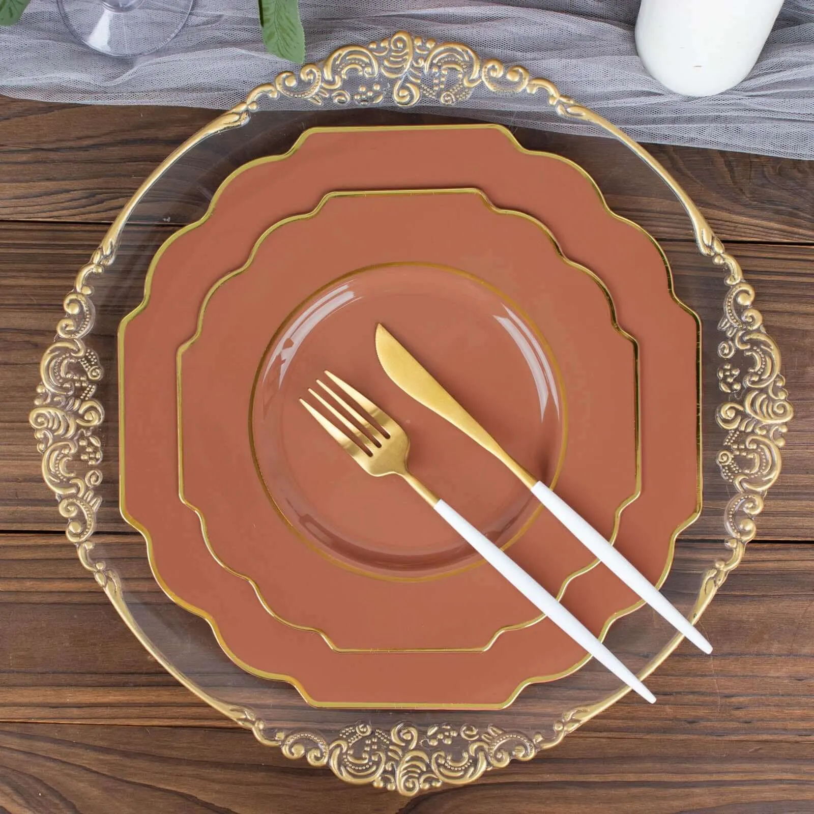 10 Pack 8" Terracotta (Rust) Hard Plastic Dessert Appetizer Plates, Disposable Tableware, Baroque Heavy Duty Salad Plates with Gold Rim