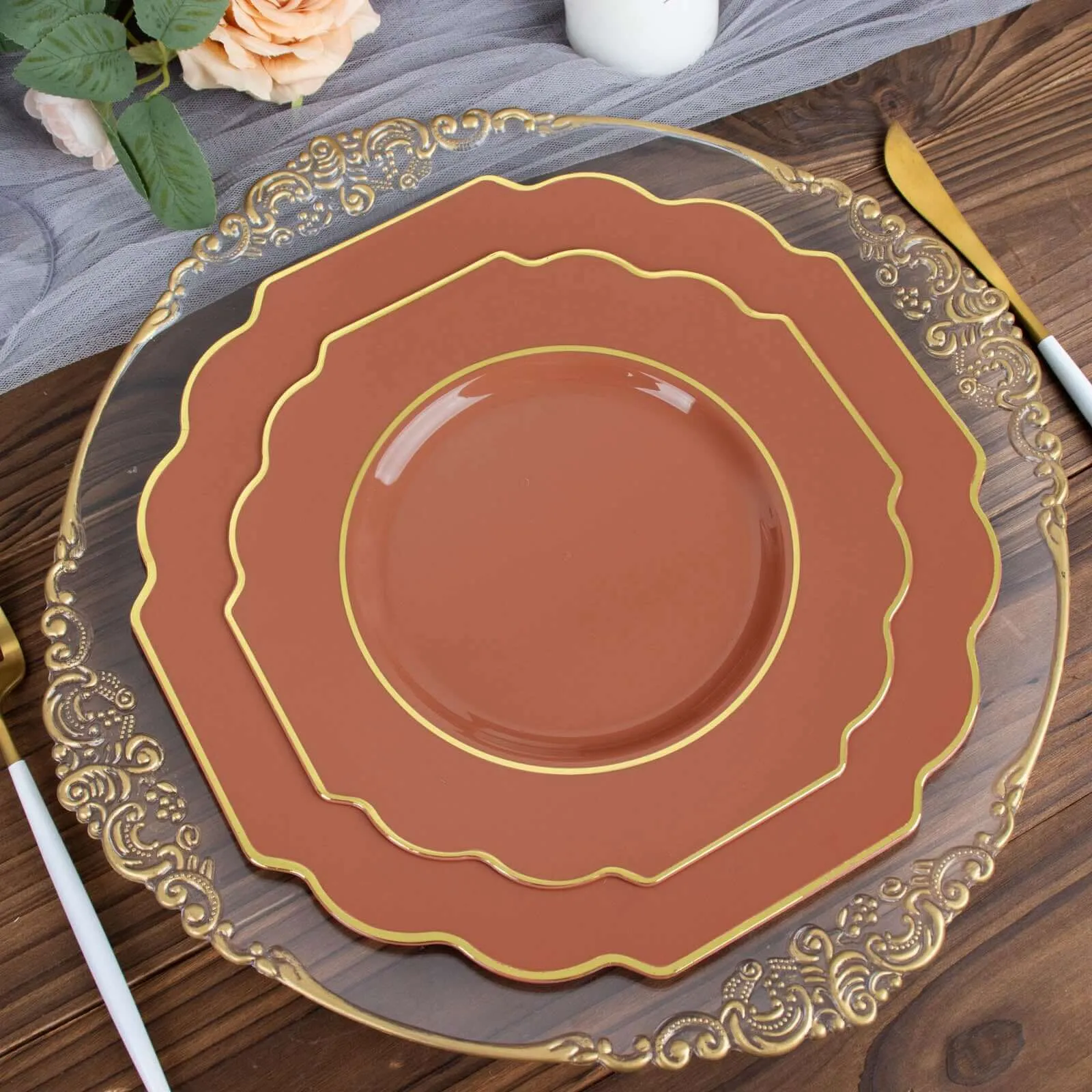 10 Pack 8" Terracotta (Rust) Hard Plastic Dessert Appetizer Plates, Disposable Tableware, Baroque Heavy Duty Salad Plates with Gold Rim