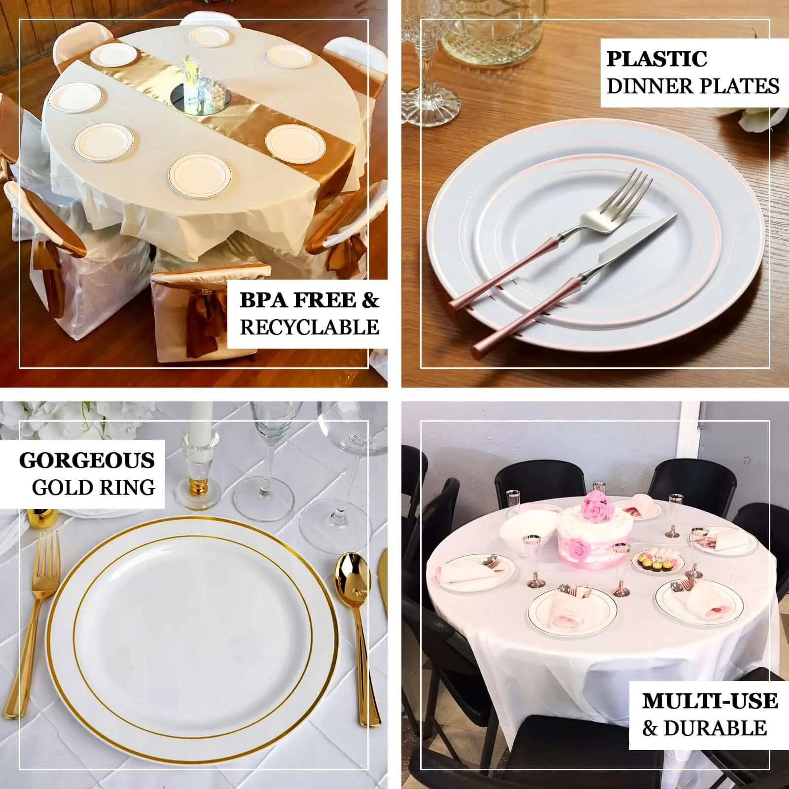 10 Pack 8" Très Chic Gold Rim White Disposable Salad Plates, Plastic Dessert Appetizer Plates