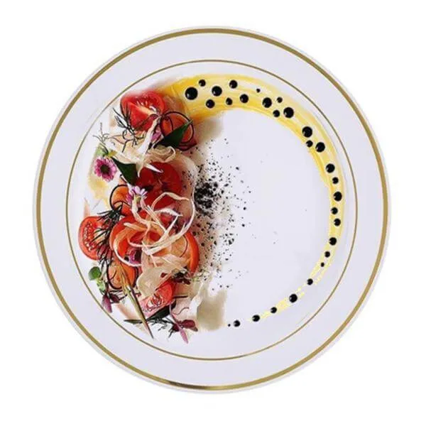 10 Pack 8" Très Chic Gold Rim White Disposable Salad Plates, Plastic Dessert Appetizer Plates