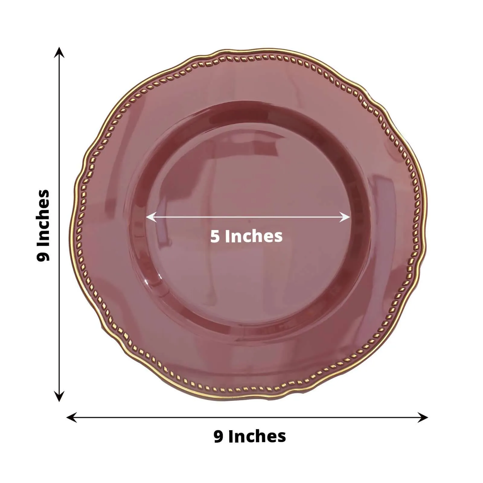 10 Pack 9" Cinnamon Rose Gold Scalloped Rim Disposable Dinner Plates, Plastic Party Plates