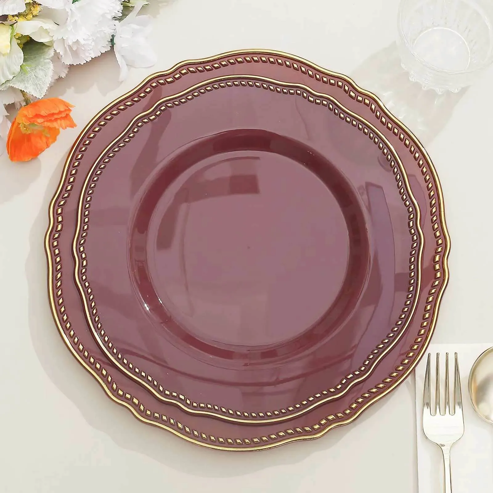 10 Pack 9" Cinnamon Rose Gold Scalloped Rim Disposable Dinner Plates, Plastic Party Plates