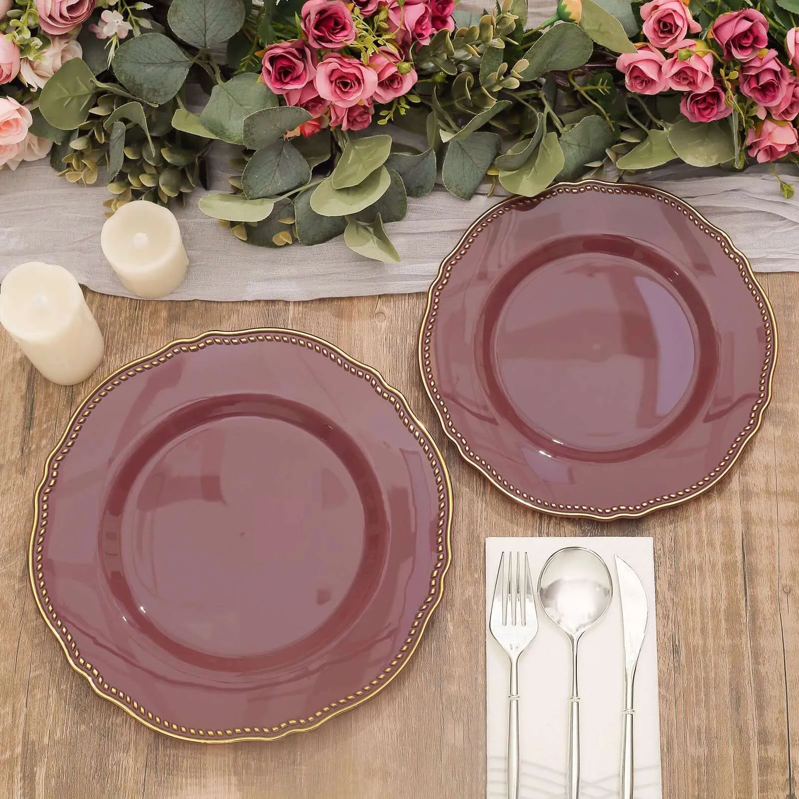 10 Pack 9" Cinnamon Rose Gold Scalloped Rim Disposable Dinner Plates, Plastic Party Plates