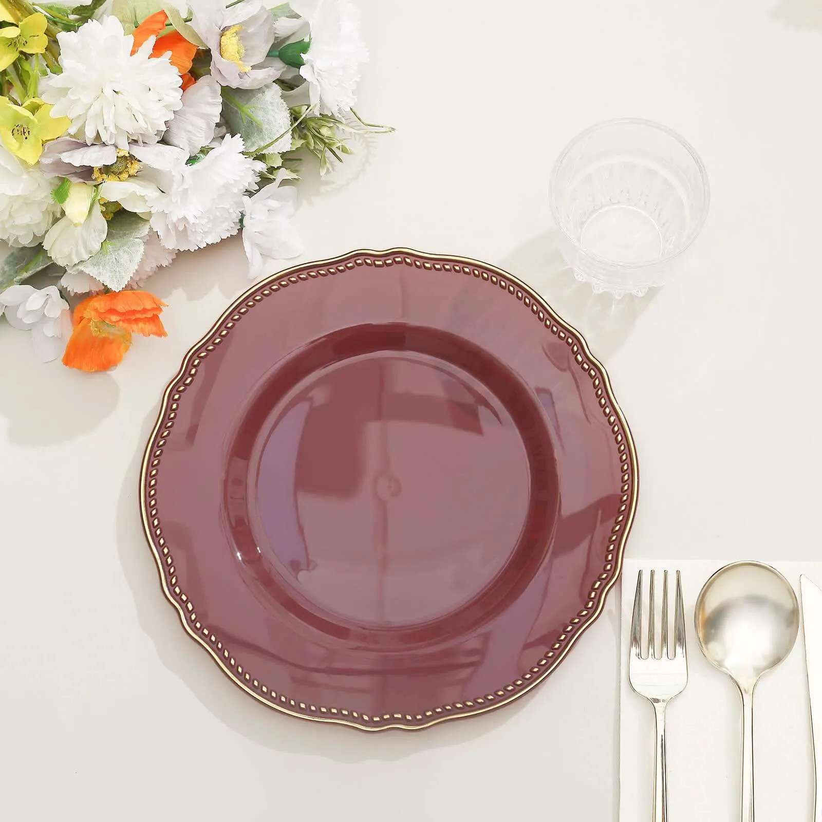 10 Pack 9" Cinnamon Rose Gold Scalloped Rim Disposable Dinner Plates, Plastic Party Plates