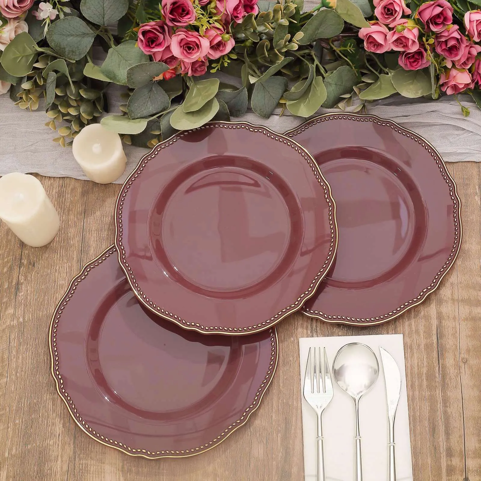 10 Pack 9" Cinnamon Rose Gold Scalloped Rim Disposable Dinner Plates, Plastic Party Plates