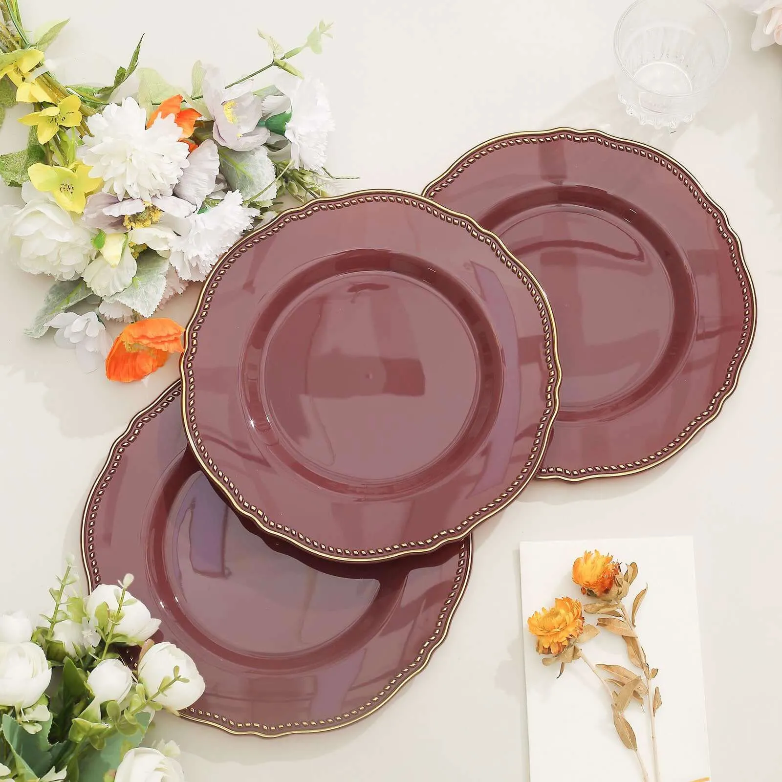 10 Pack 9" Cinnamon Rose Gold Scalloped Rim Disposable Dinner Plates, Plastic Party Plates