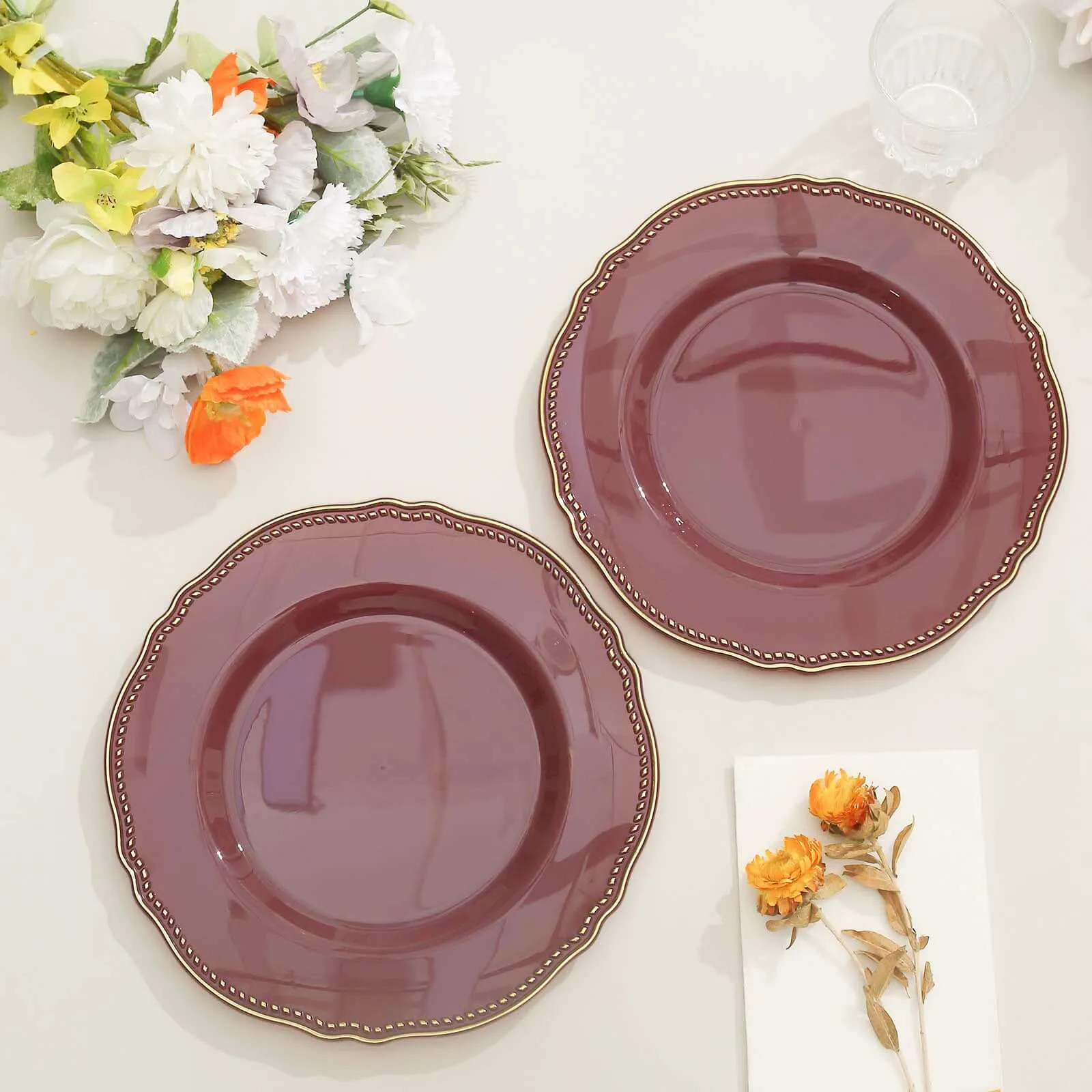 10 Pack 9" Cinnamon Rose Gold Scalloped Rim Disposable Dinner Plates, Plastic Party Plates